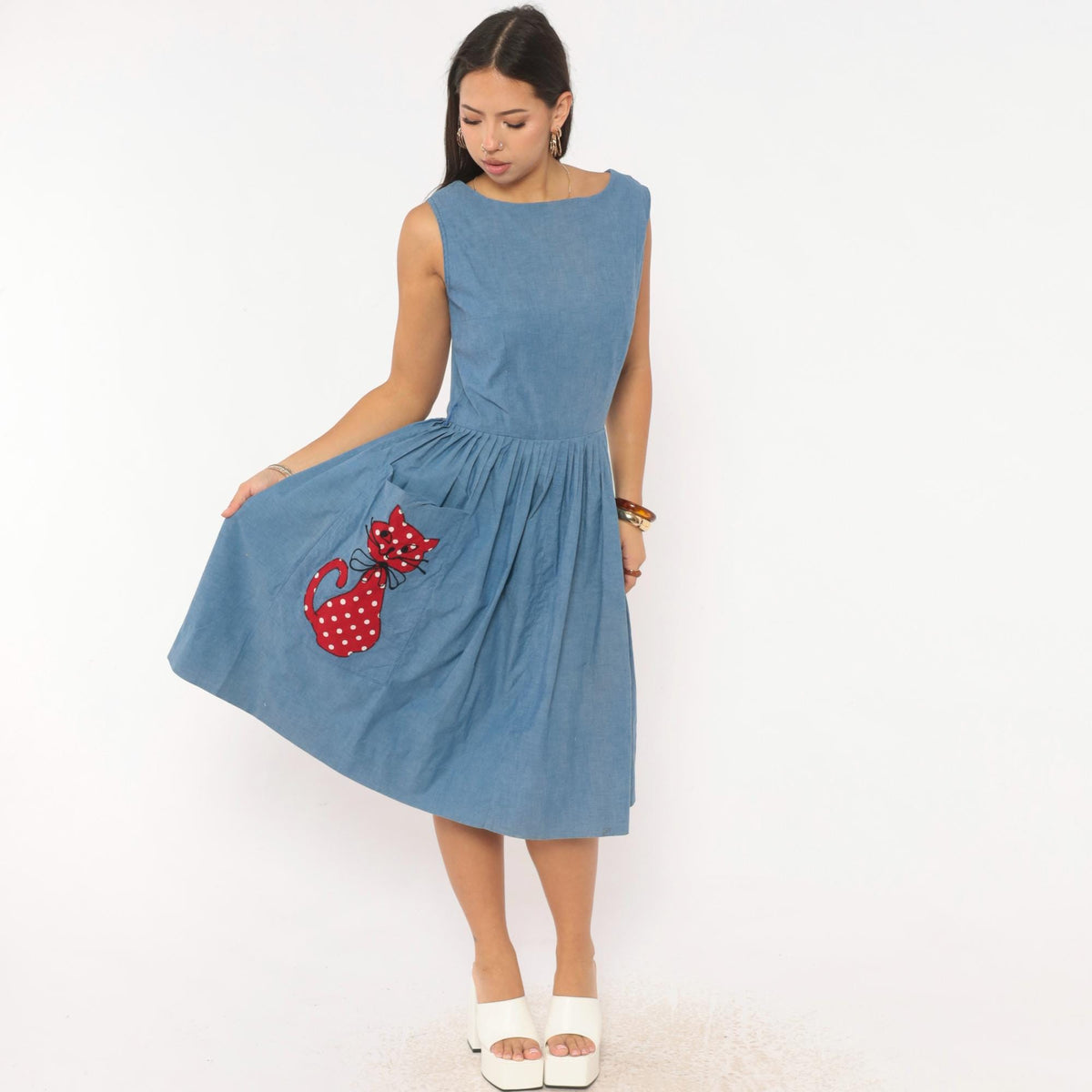 60s Blue Chambray Dress Cat Applique Boat Neck Below Knee Small