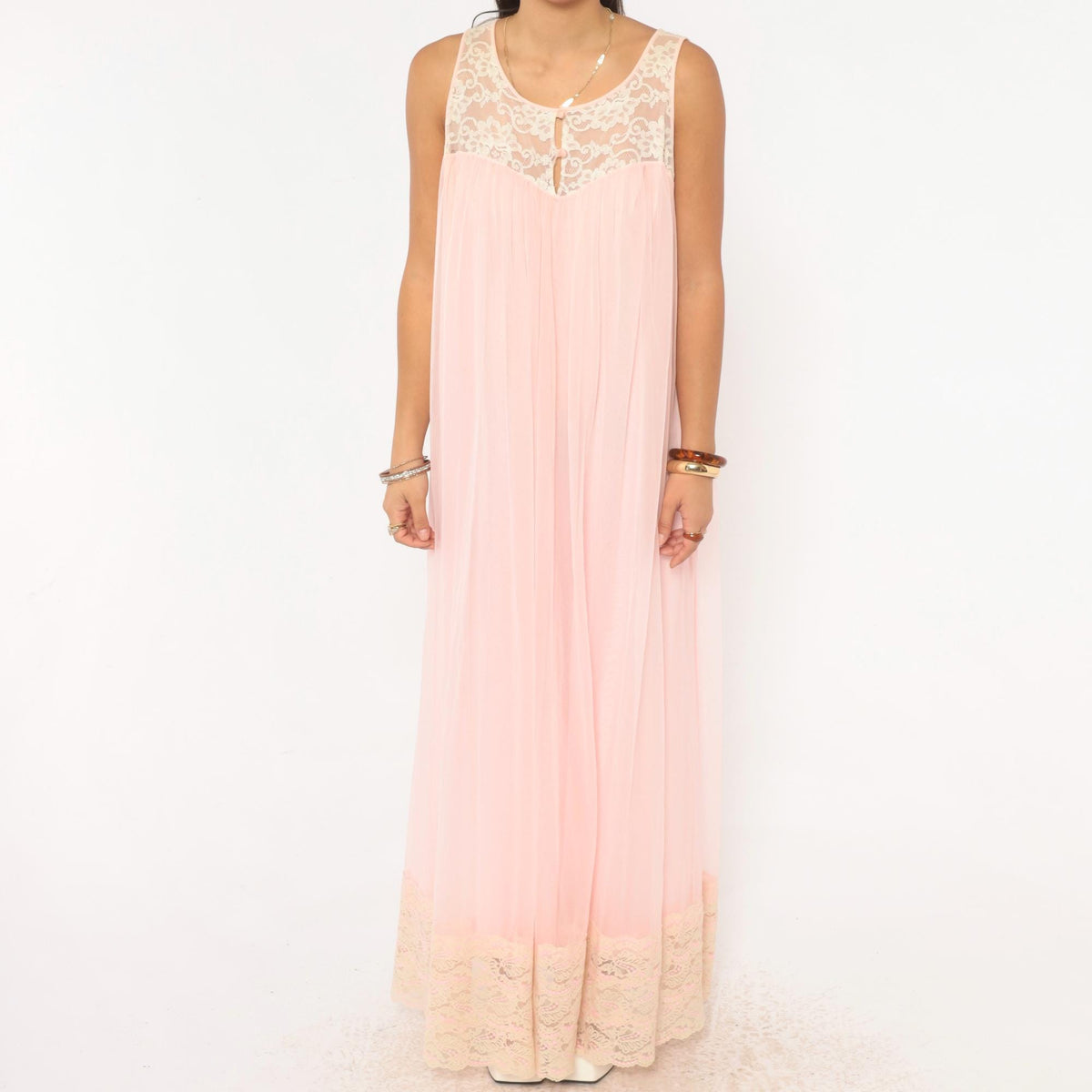 80s Blush Pink Maxi Nightgown Ivory Lace Yoke Scoop Neck Medium