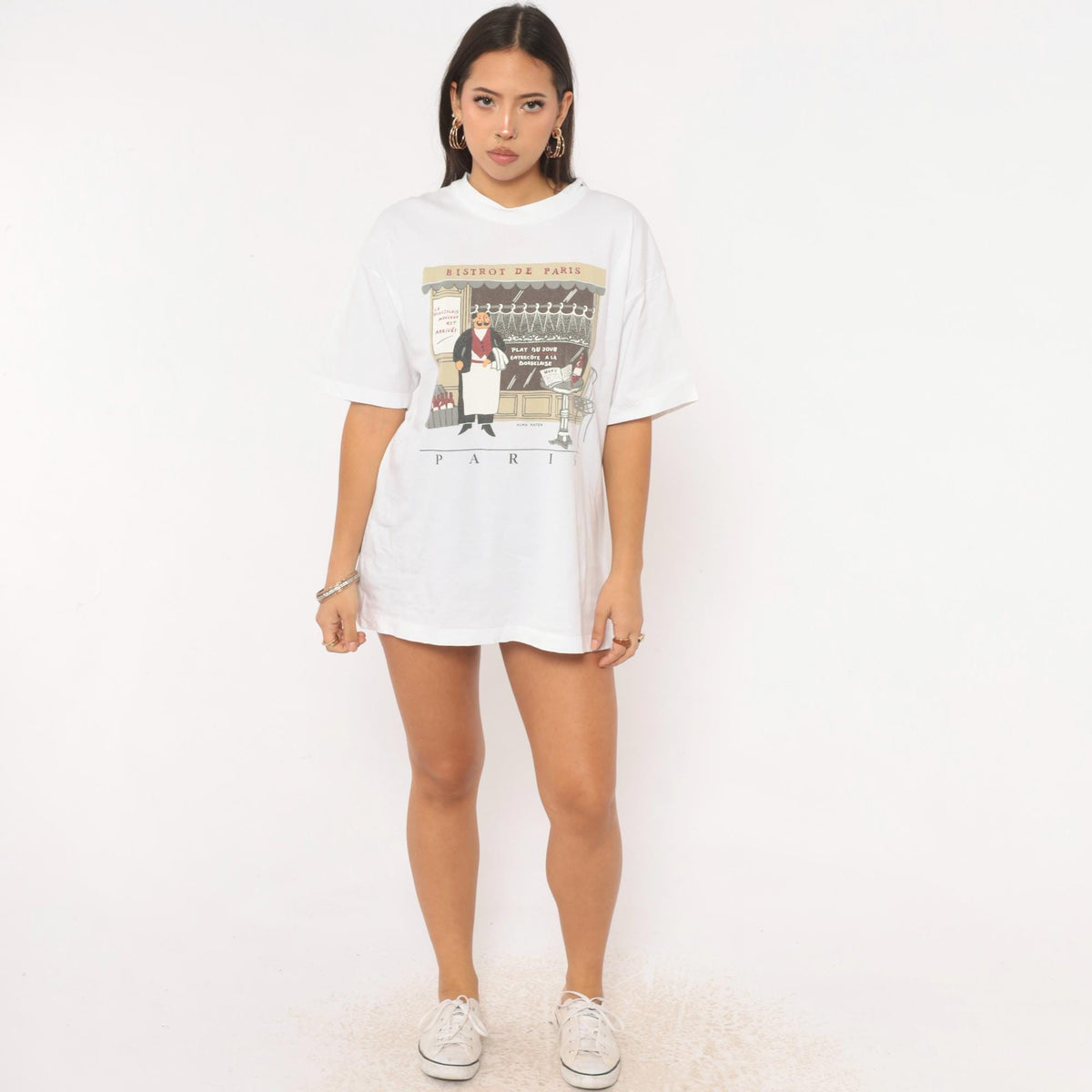 Y2K Alma Mater Paris Bistro Graphic Tee White Cotton Crew Neck Large L