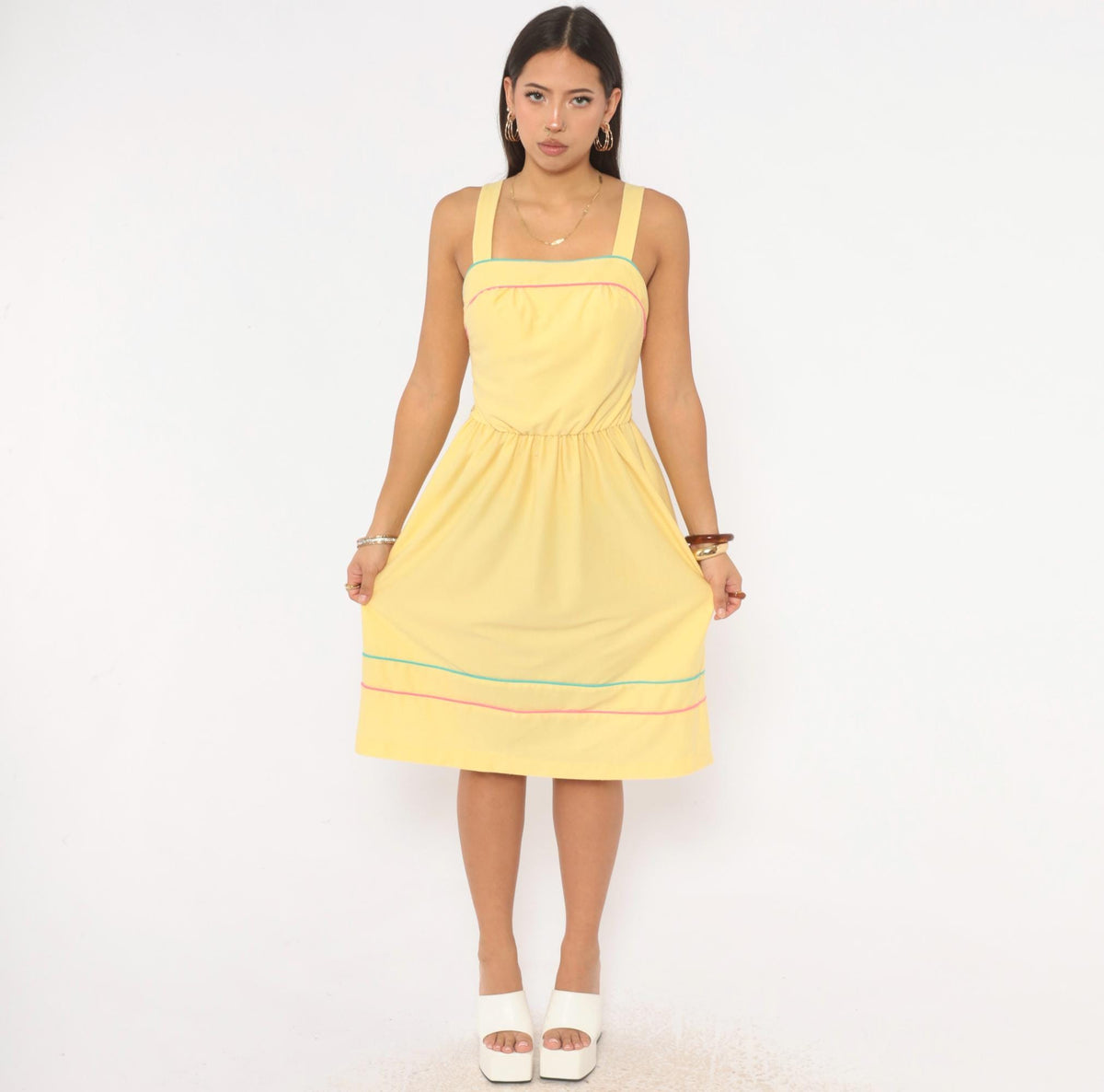 80s Yellow Sundress Mr. Joe Square Neck Teal Pink Piping Medium