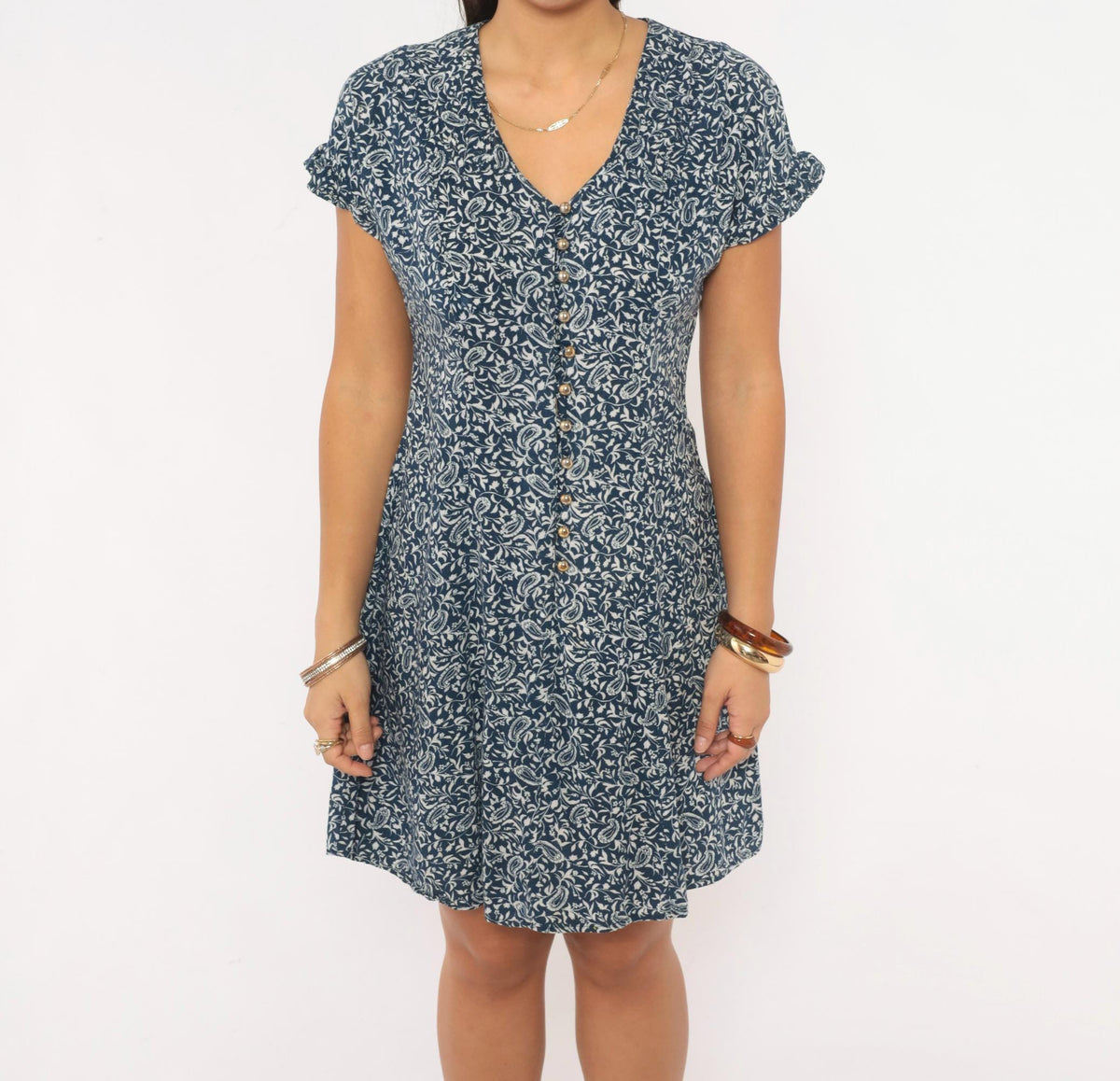 90s Caroline Wells Navy Paisley Floral Dress Button Front V Neck Medium M