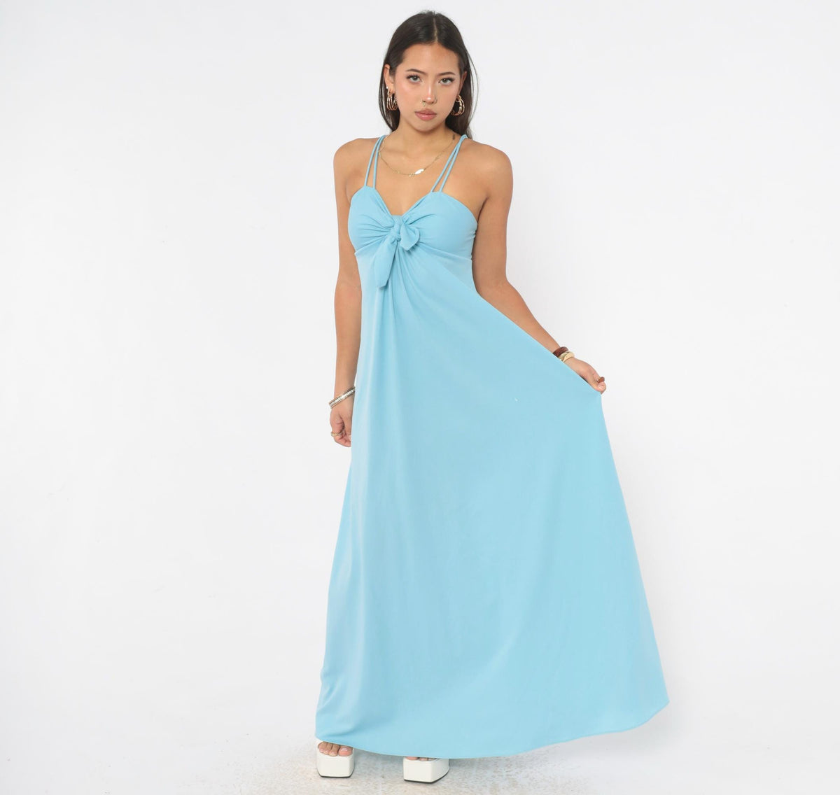 70s Light Blue Maxi Dress Empire Waist Tie Front Spaghetti Strap Extra Small