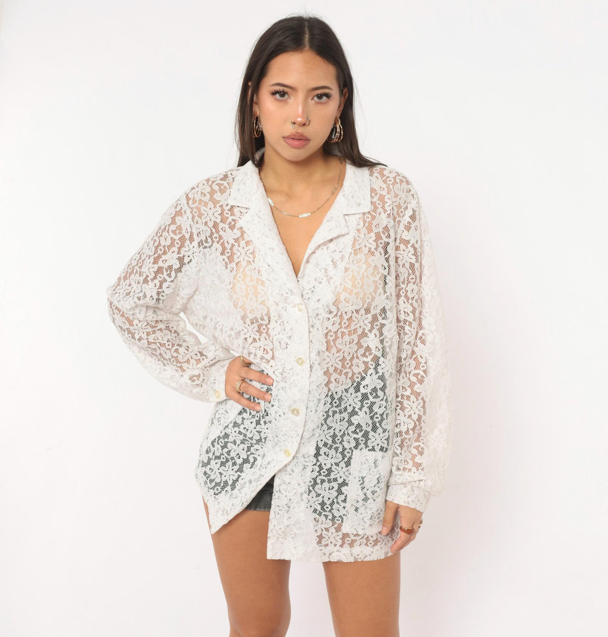 90s White Lace Blouse Sheer Floral Button Front Long Sleeve Patch Pocket Large