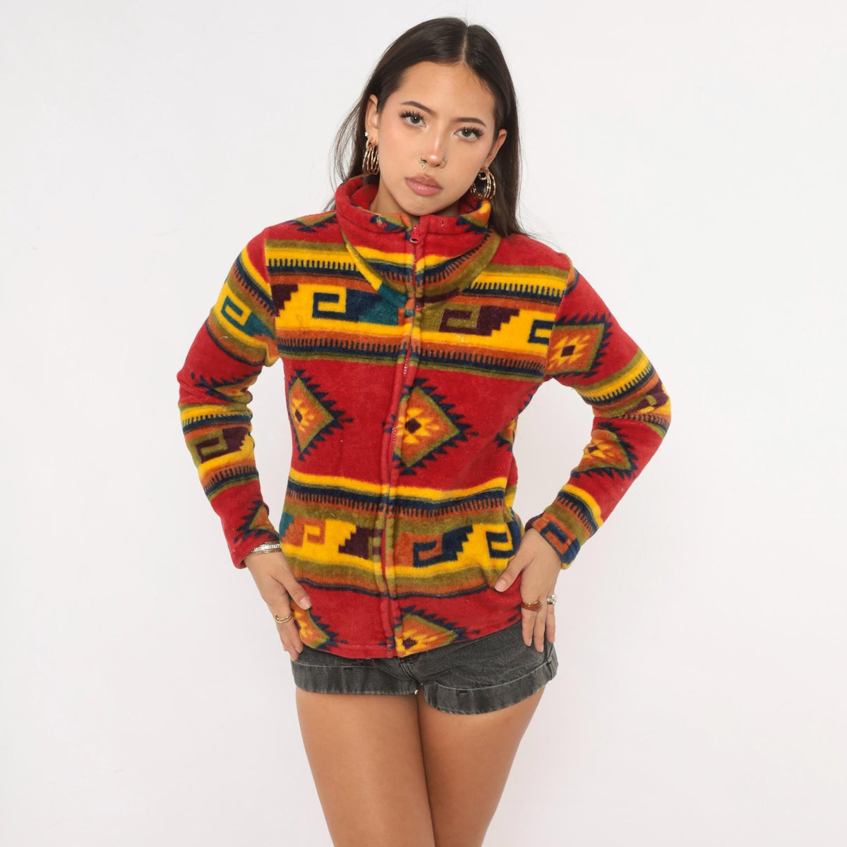 90s Trail Crest Southwestern Aztec Zip Jacket Red Mock Neck Extra Small XS