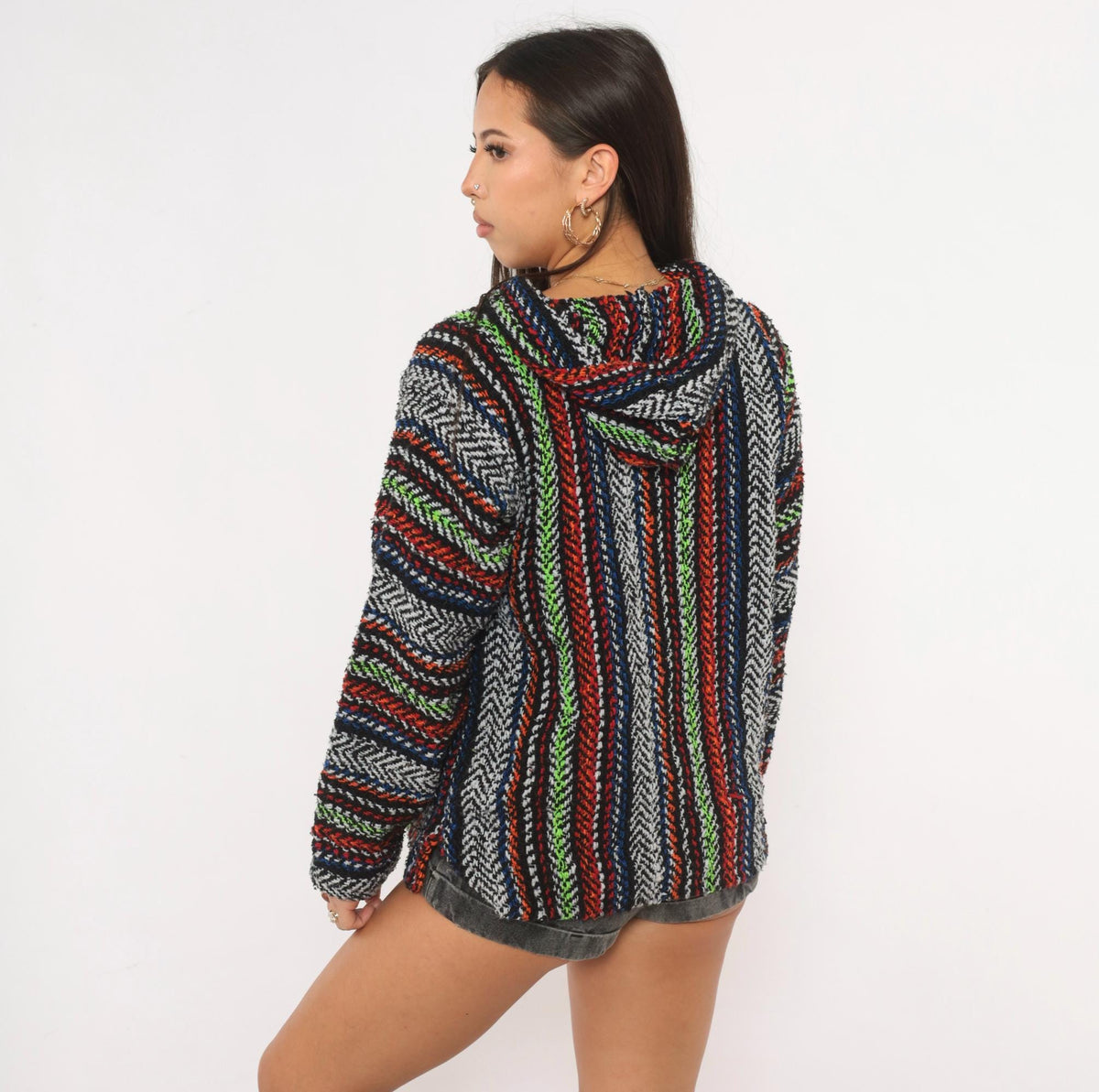 90s Earth Ragz Baja Hoodie Striped Black White Neon Green Small