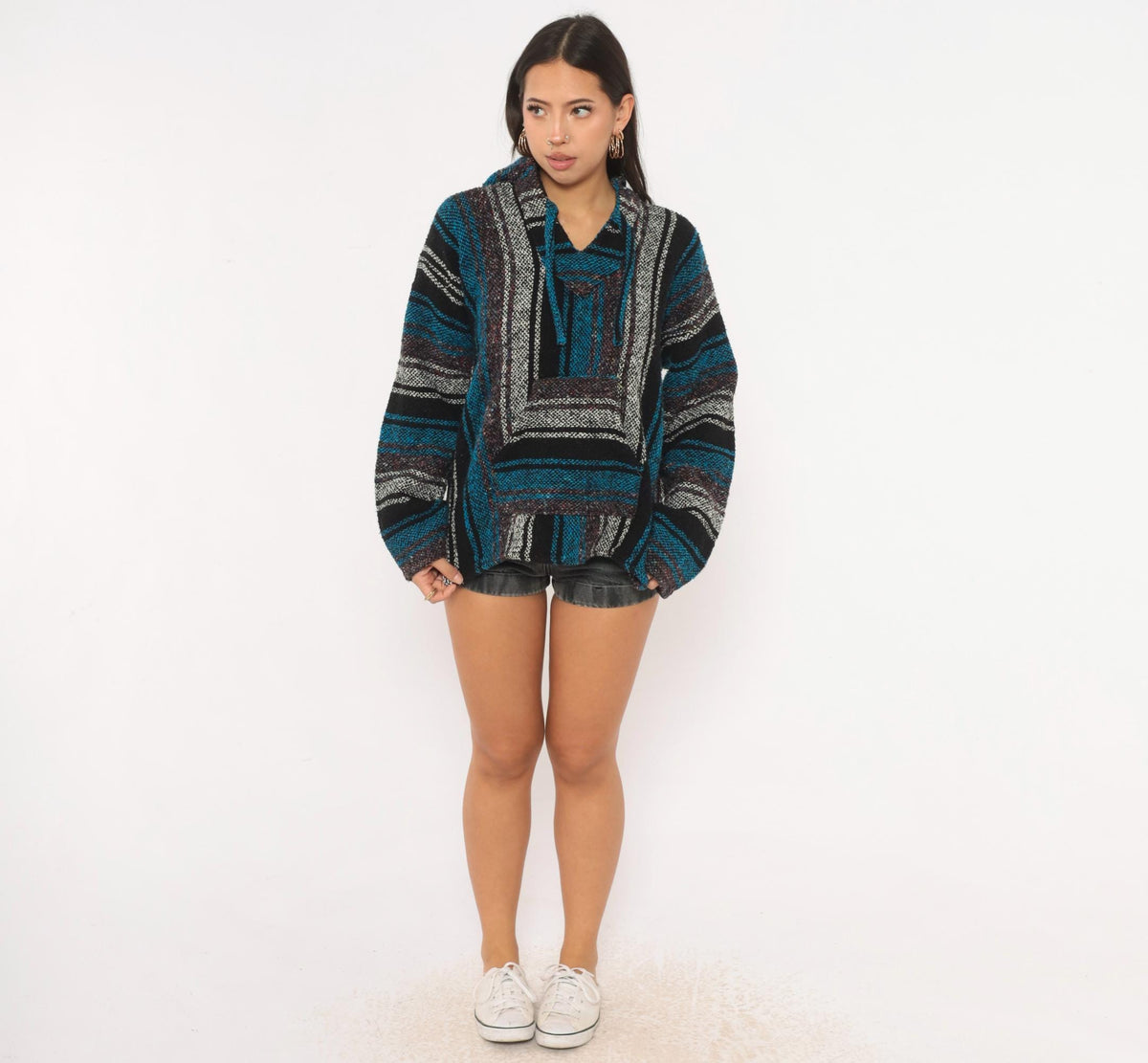 90s Sandy Baja Hoodie Black Teal Striped Woven Pullover Medium