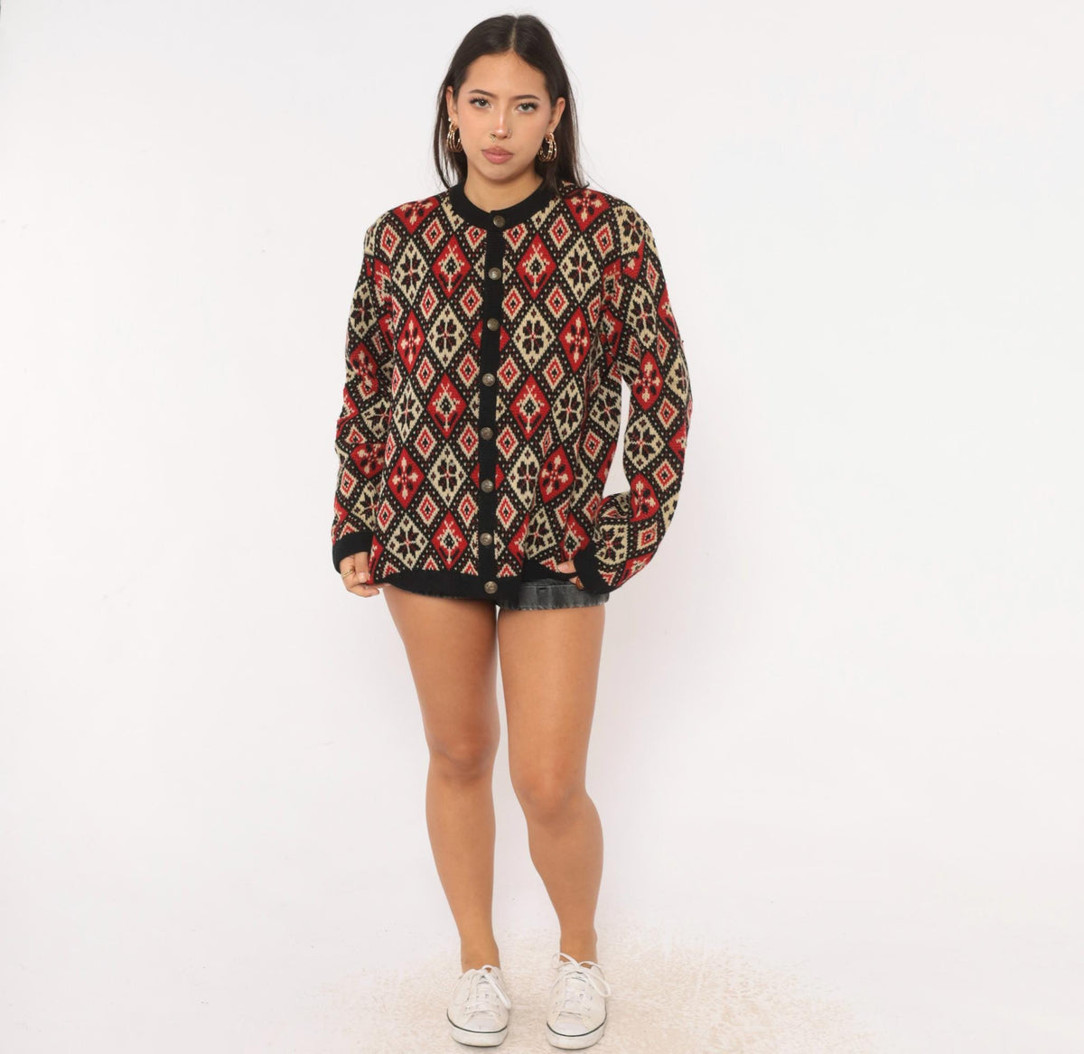 60s Jersild Wool Cardigan Black Red Cream Fair Isle Diamond Medium