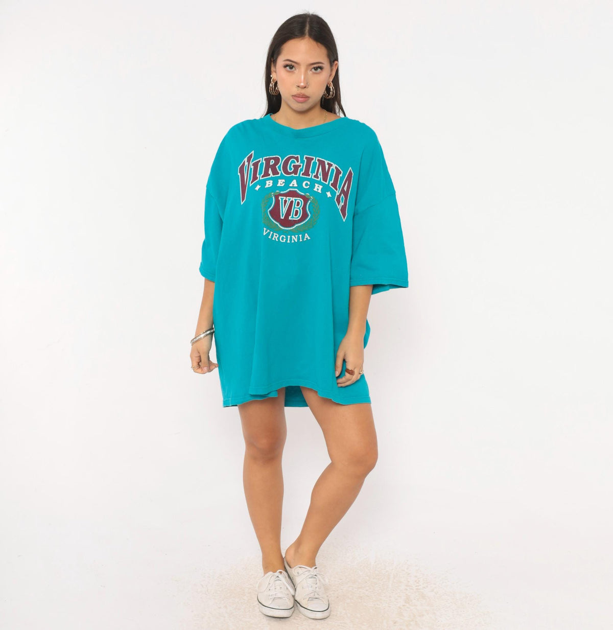 90s Virginia Beach Teal Souvenir Tee Cotton Burgundy Graphic Plus Size XXL
