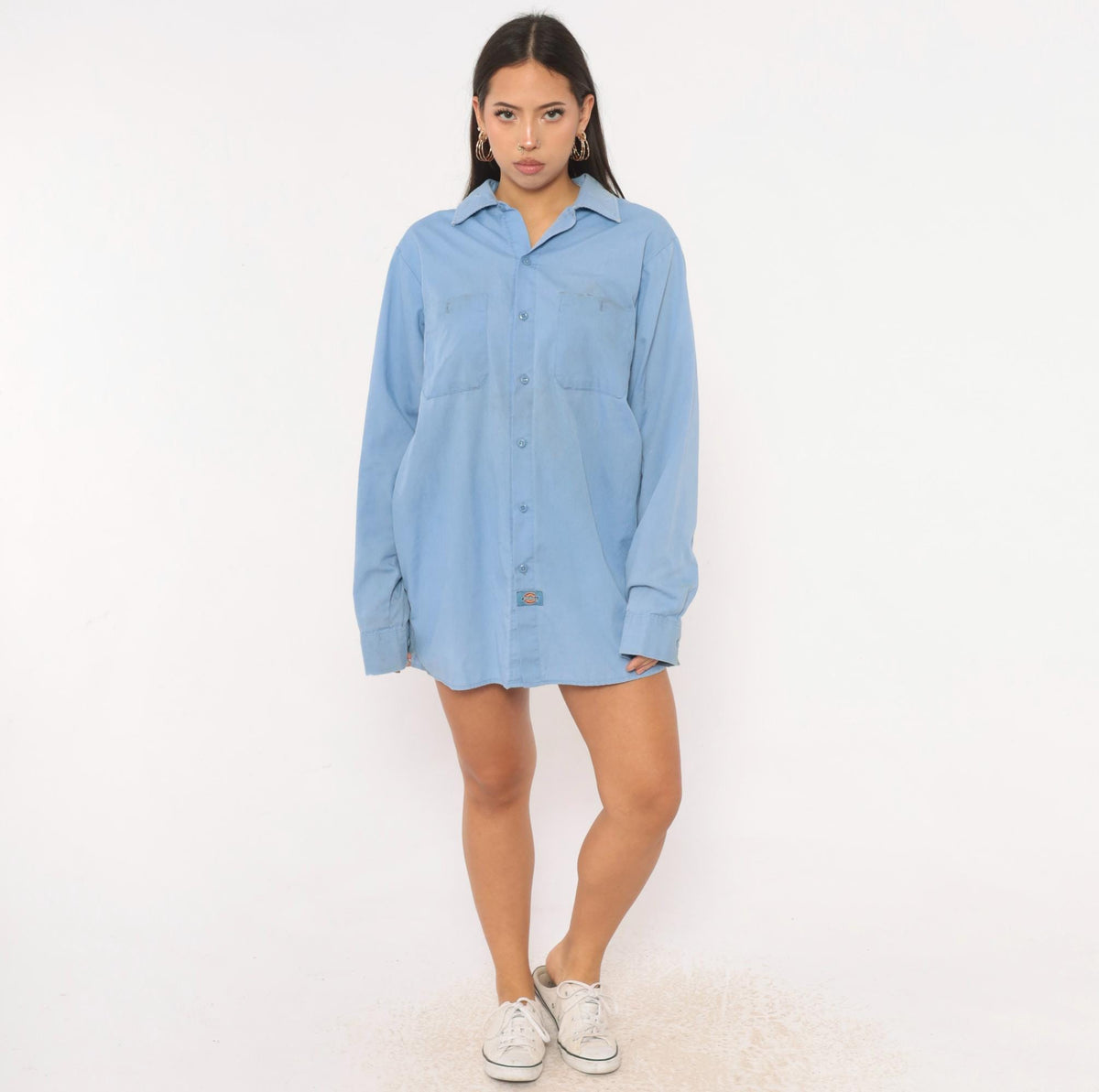 90s Dickies Light Blue Work Shirt Button Front Medium Distressed