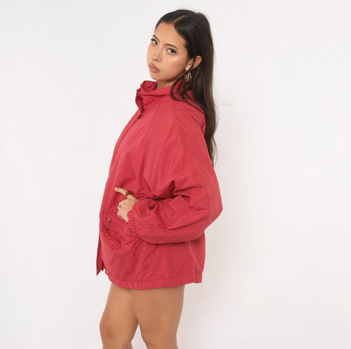 90s Eddie Bauer Red Nylon Windbreaker Jacket Raglan Snap Collar Medium M