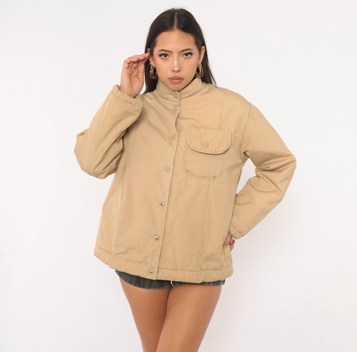 80s Avon Beige Snap Front Insulated Jacket Navy Lined Small