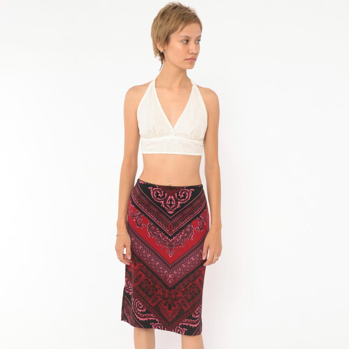 Y2K Tempted Paisley Bandana Chevron Skirt Black Red Burgundy Large