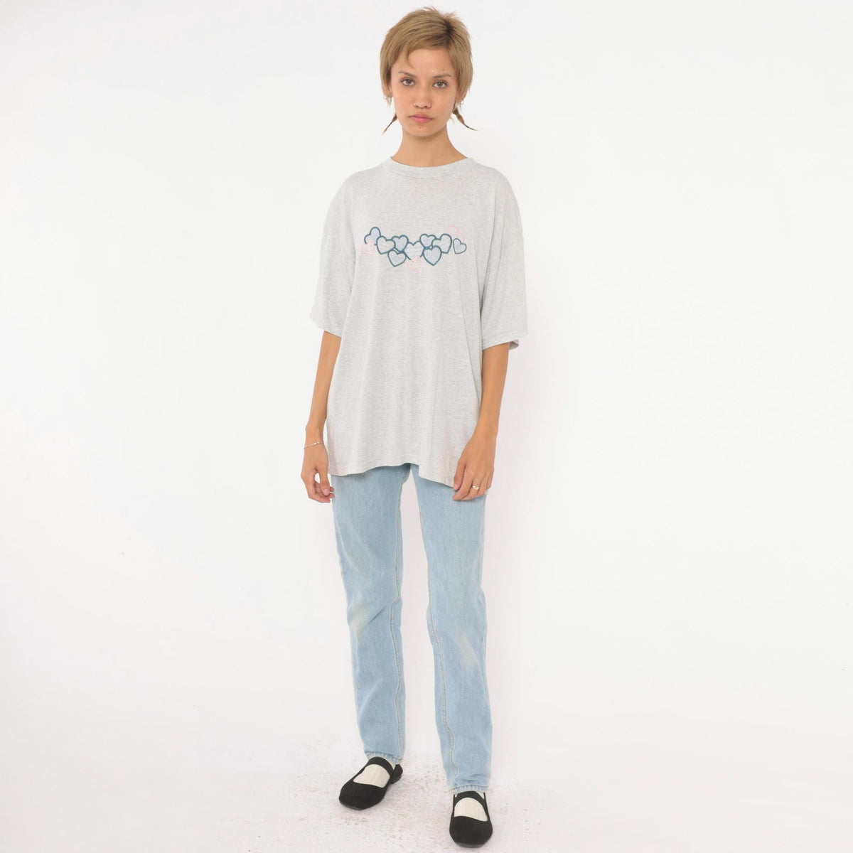 90s Fruit of the Loom Heart Embroidered T-Shirt Grey Cotton Blend Extra Large XL