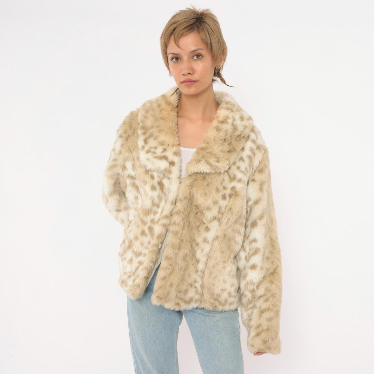 Y2K Relativity Faux Fur Jacket Cream Leopard Print Wide Collar Large L