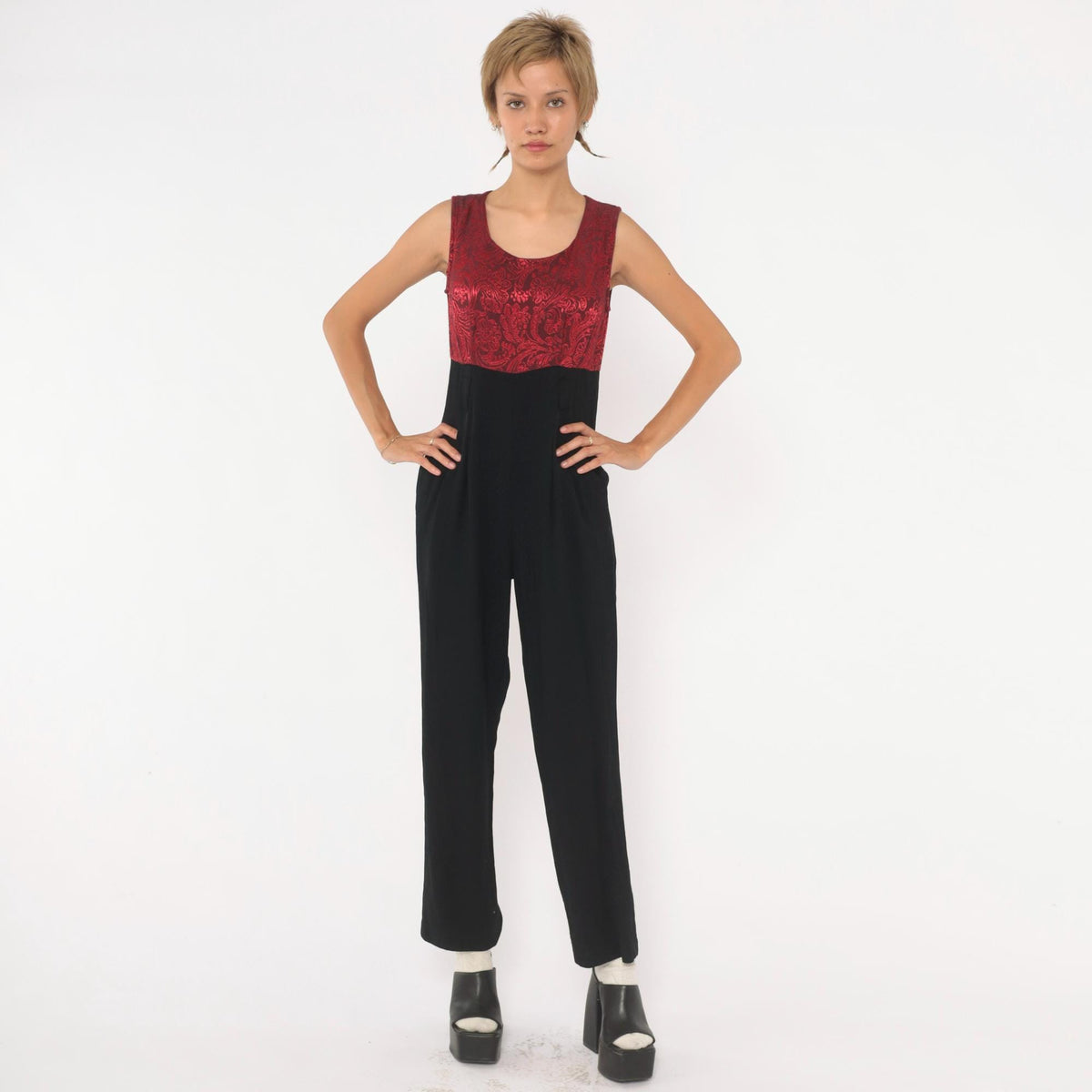 90s Black Jumpsuit Red Brocade Bodice Sleeveless High Waist Small S