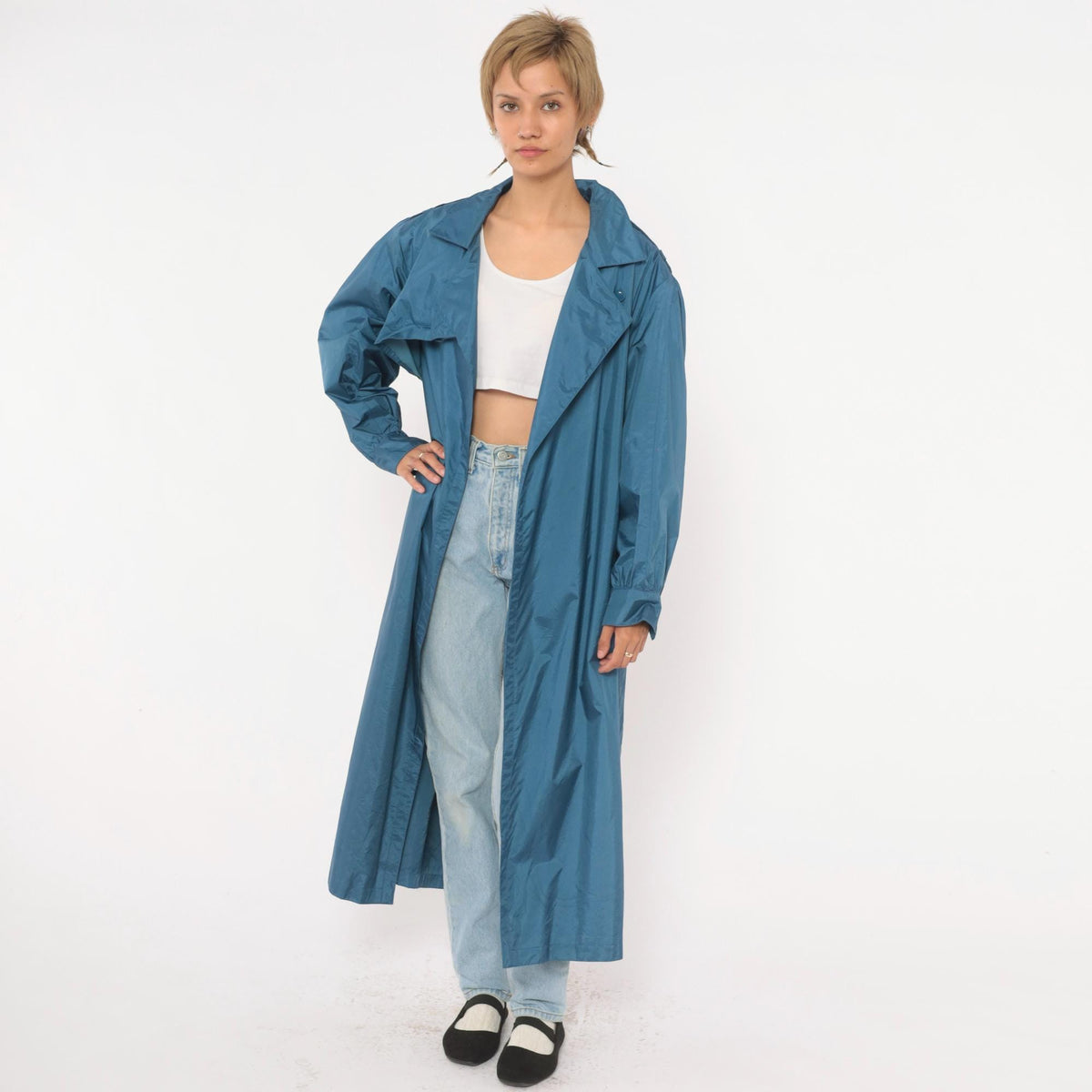 80s J.Gallery Blue Nylon Trench Coat Belted Epaulettes Medium M