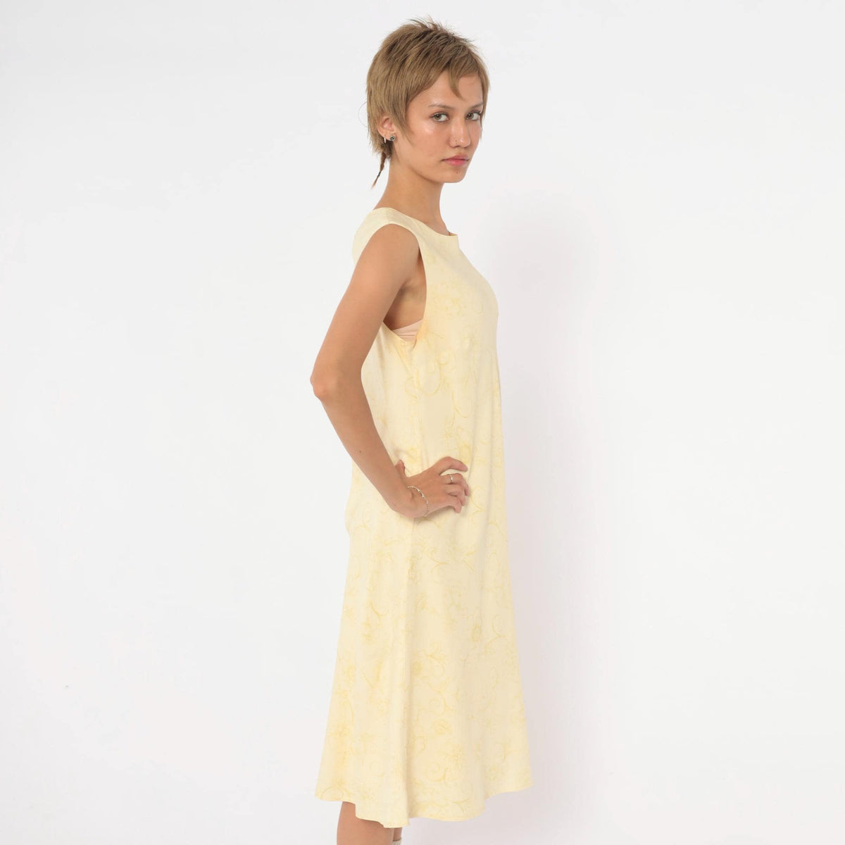 Y2K Tommy Bahama Silk Dress Yellow Floral Sleeveless A-Line Knee Medium M