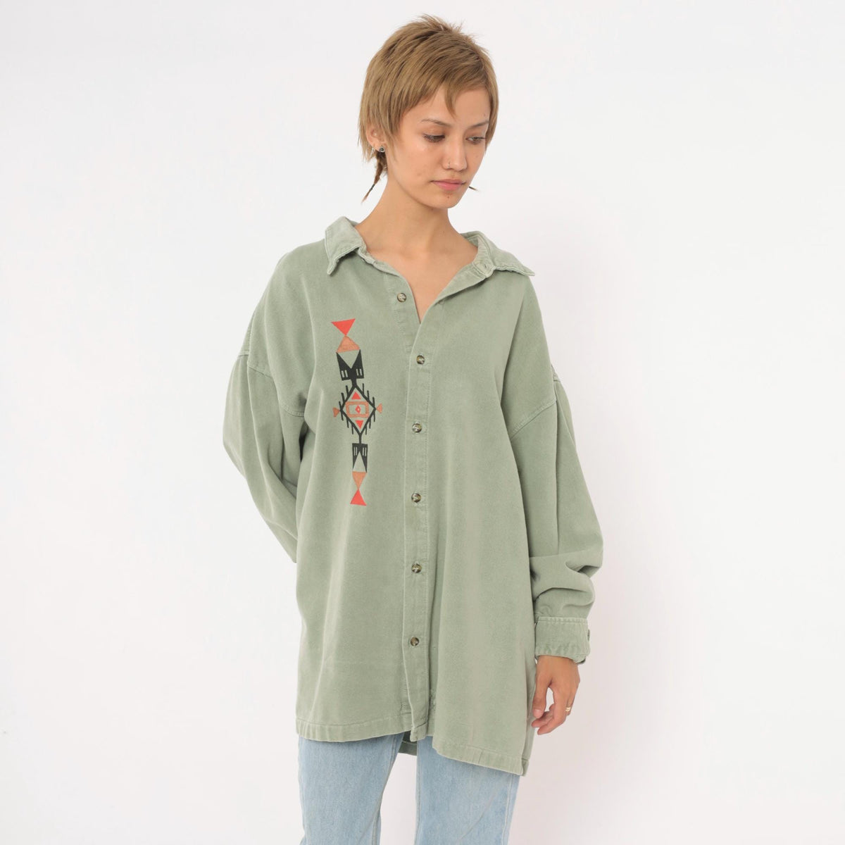 90s 4Fun Originals Southwestern Button Up Shirt Olive Green Geometric Plus Size XXL