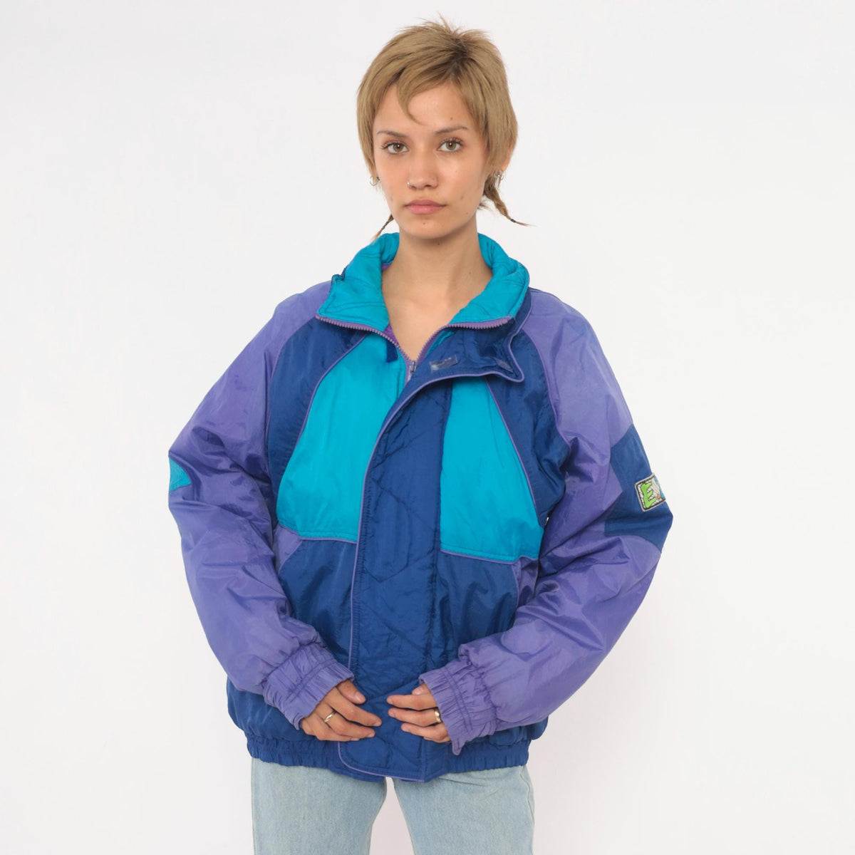90s EZ Color Block Windbreaker Jacket Blue Purple Teal Quilted Small