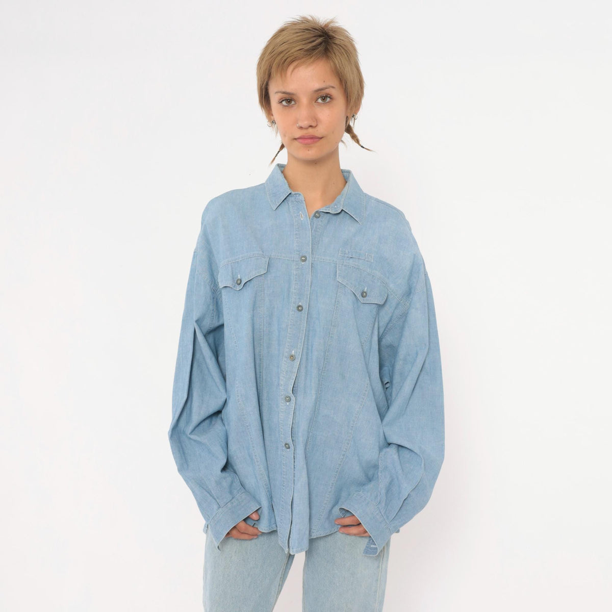 90s Chaussport Chambray Shirt Light Blue Cotton Button-Up Medium M
