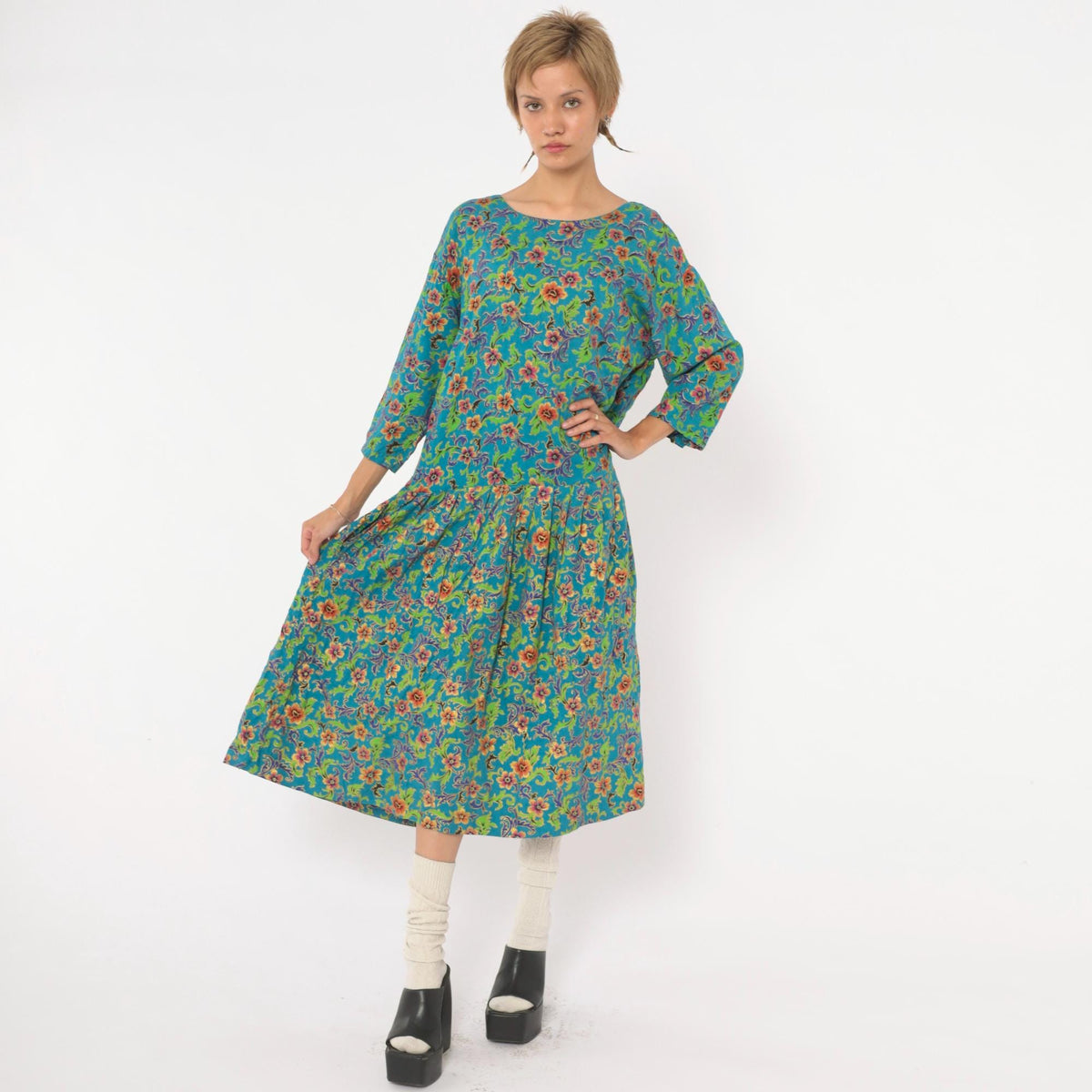 80s Passports Floral Midi Dress Teal Drop Waist Pockets Large L