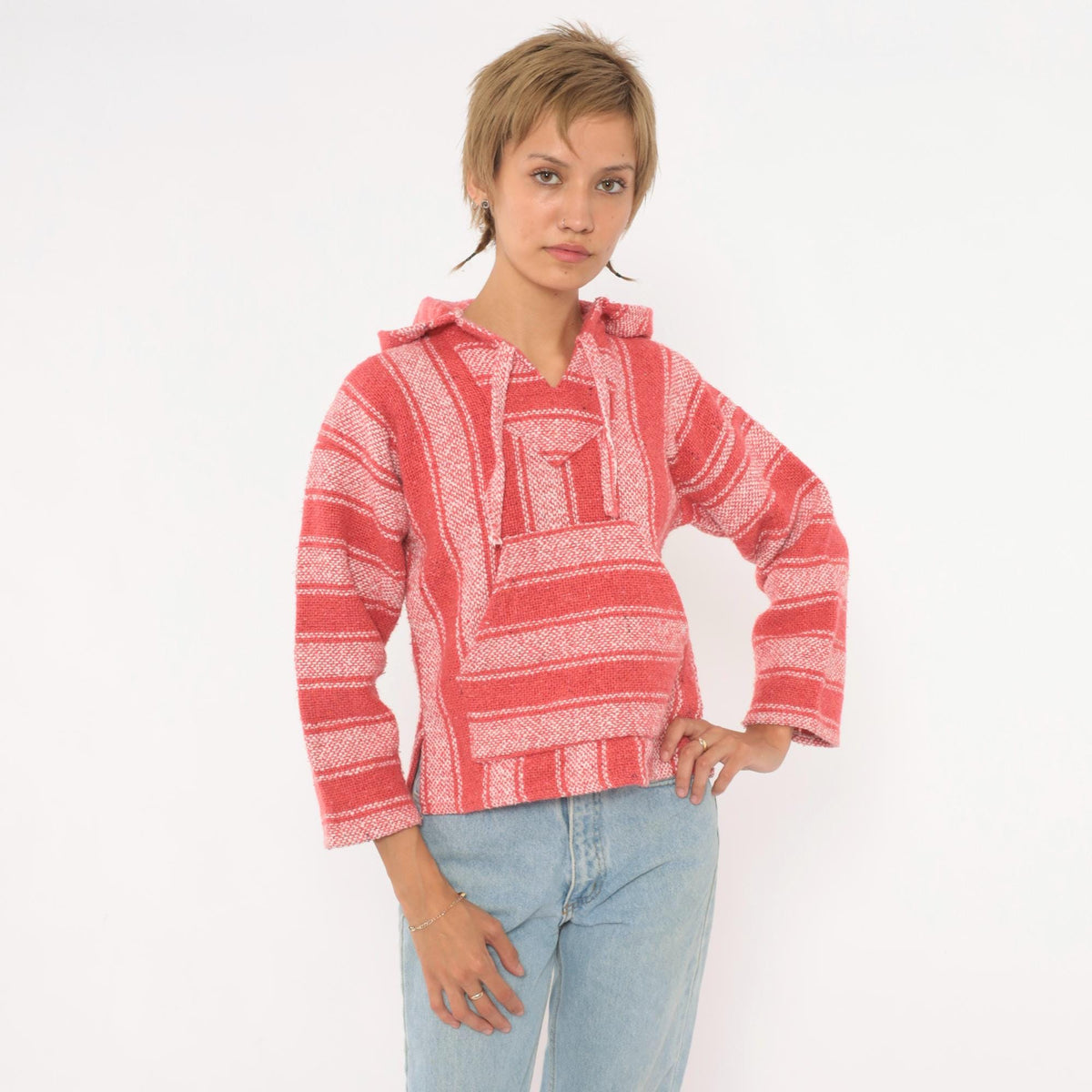 90s Baja Hoodie Coral Pink Striped Woven Cotton Pullover Extra Small XS
