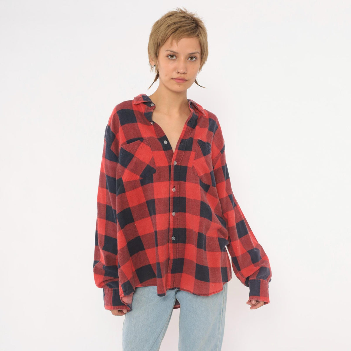 90s Hunter's Lane Buffalo Plaid Flannel Shirt Red Navy Cotton Extra Large
