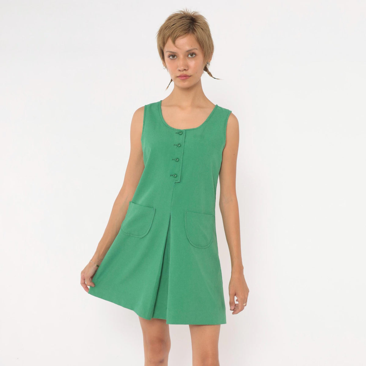 80s Kelly Green Mini Dress Sleeveless A-Line Shift Scoop Neck Extra Small XS