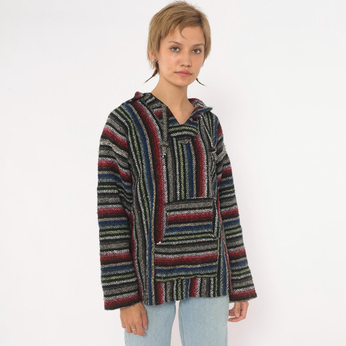 90s Artesanias Cuamatz Baja Hoodie Black Rainbow Stripe Woven Pullover Large L