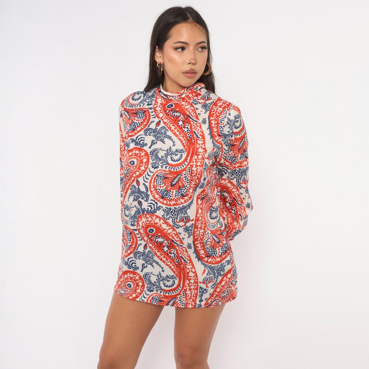 70s Paisley Mock Neck Blouse Red Navy Bishop Sleeve Tunic Medium M