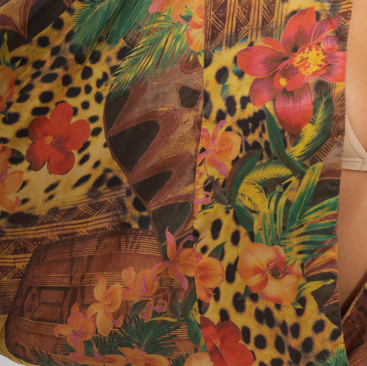 90s Silk Kimono Jacket Tropical Leopard Print Yellow Green Small