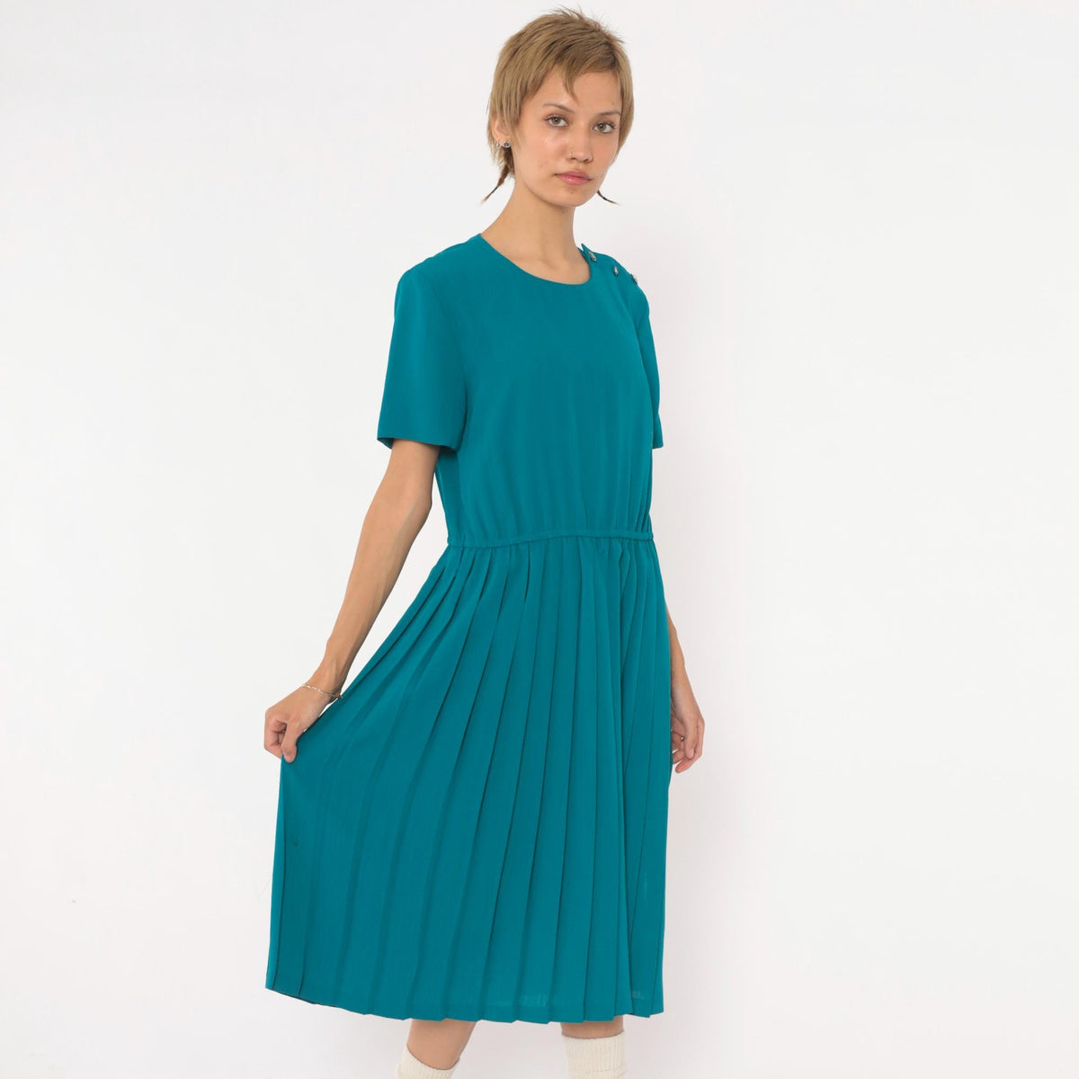 80s Leslie Fay Teal Pleated Midi Dress Shoulder Pads Accordion Skirt Small