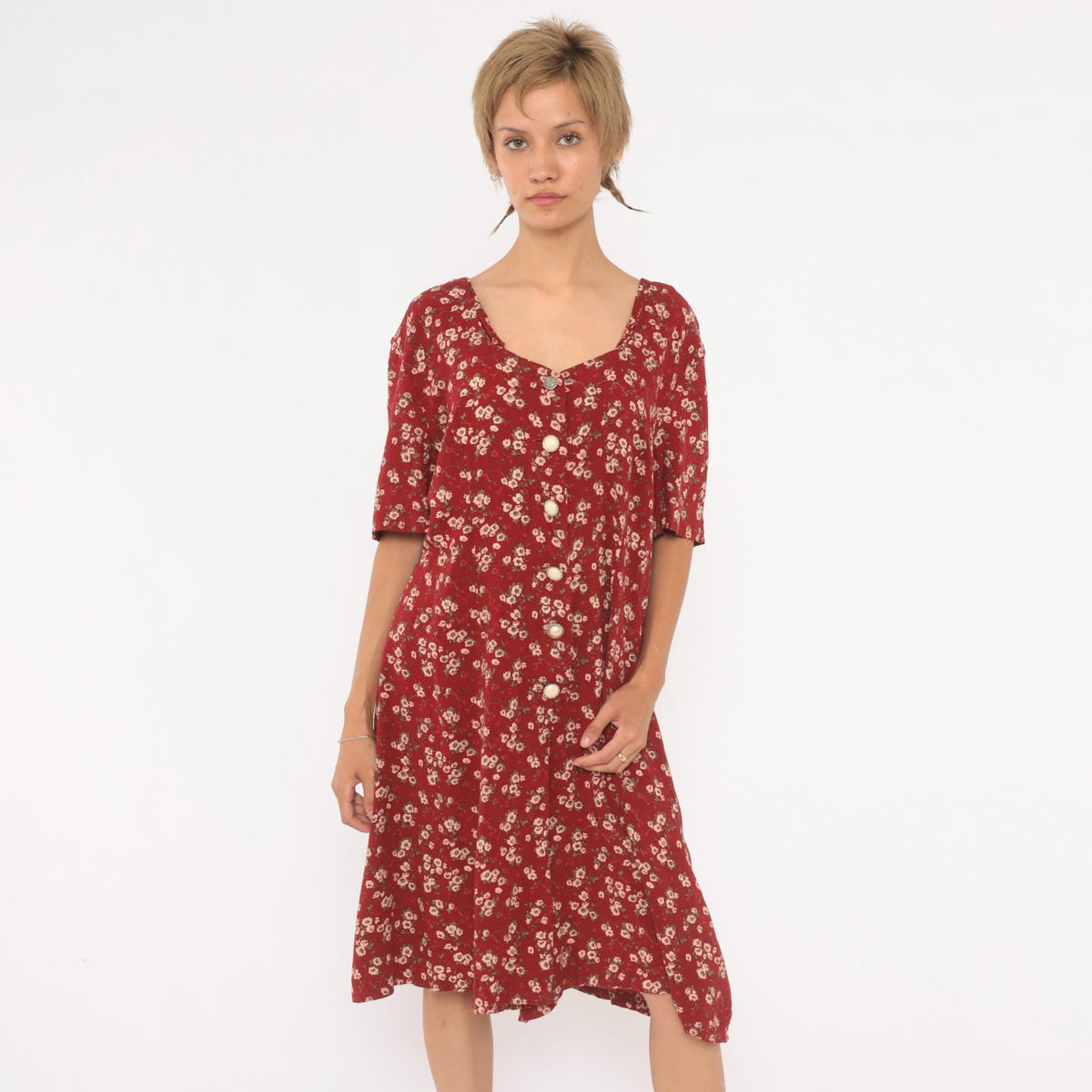90s Sunshine Starshine Floral Romper Red Cream Sweetheart Neckline Large L
