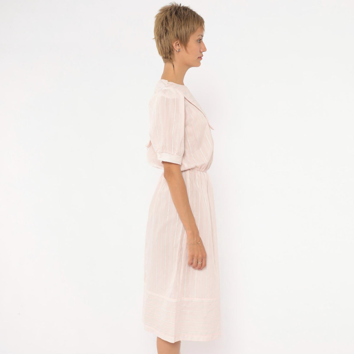 80s Pink Striped Midi Dress Puff Sleeve Sailor Collar Cotton Small