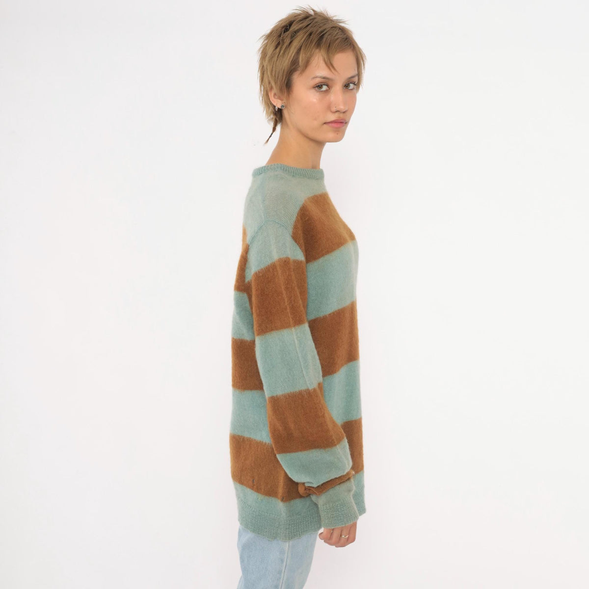 80s The Horses Mane Striped Mohair Wool Sweater Blue Brown Medium
