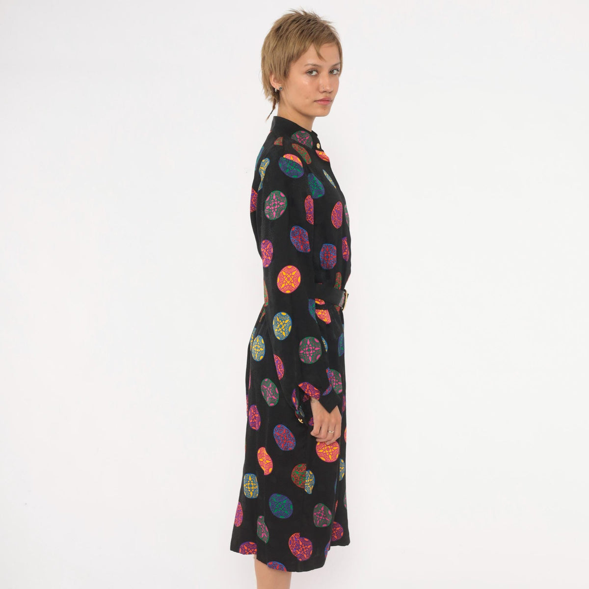 80s Gay Boyer Collections Black Silk Midi Dress Medallion Print Mandarin Collar Medium