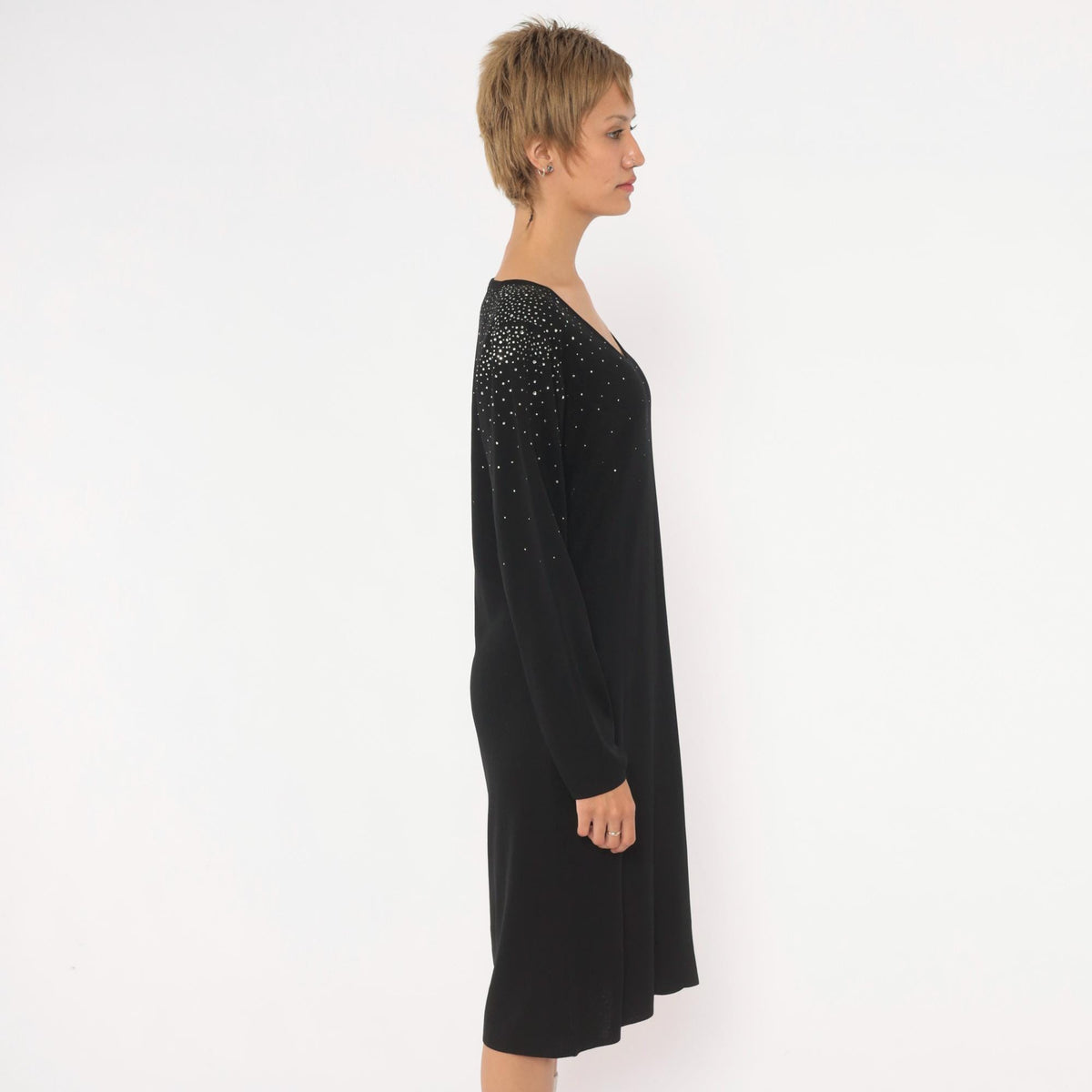 90s Misook Black Rhinestone Knit Dress Long Sleeve Shift Small S