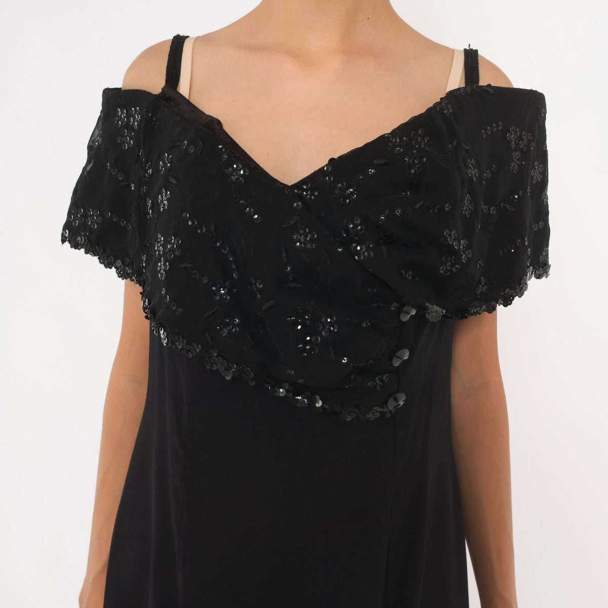 90s J. R. Nites Black Sequin Maxi Dress Off-Shoulder Floral Embroidered Collar Large L