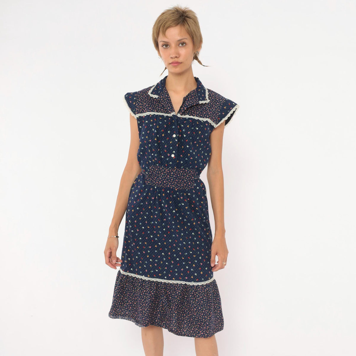 70s Navy Floral Calico Prairie Dress Cotton Cap Sleeve Button Front Small