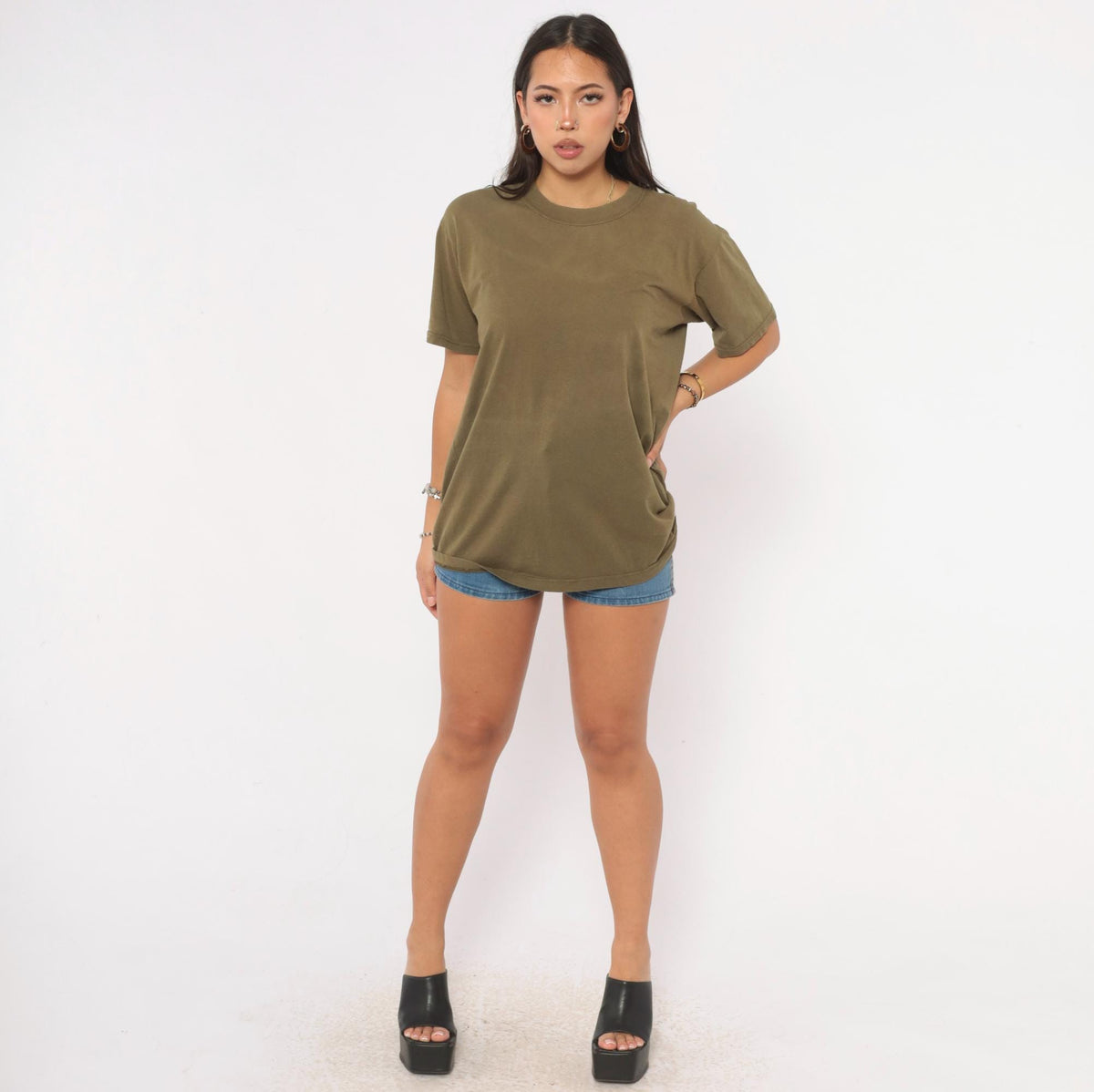 Y2K Duke Olive Green T-Shirt Boxy Crew Neck Plain Tee Medium M