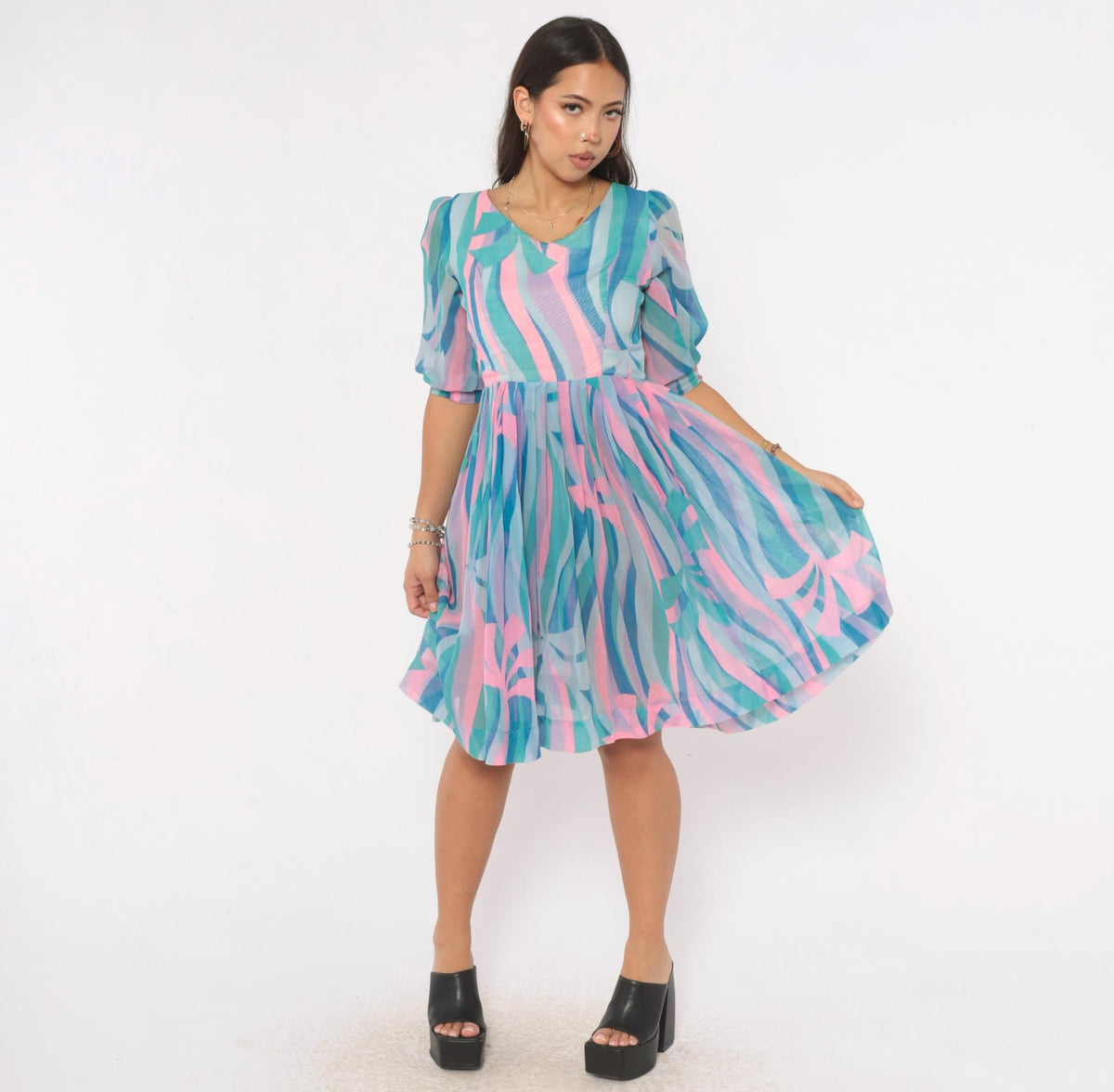 60s Mod Abstract Swirl Print Dress Teal Pink Puff Sleeve V Neck Small