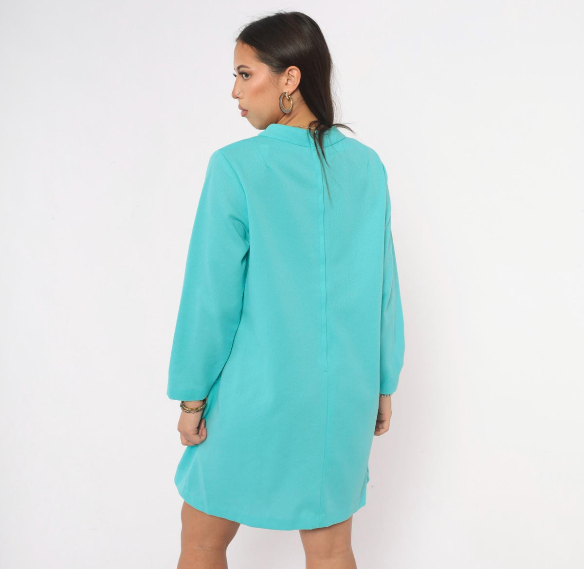 70s Teal Shift Dress Beaded Sequin Floral Mock Neck Long Sleeve A-Line Plus Size Extra Large