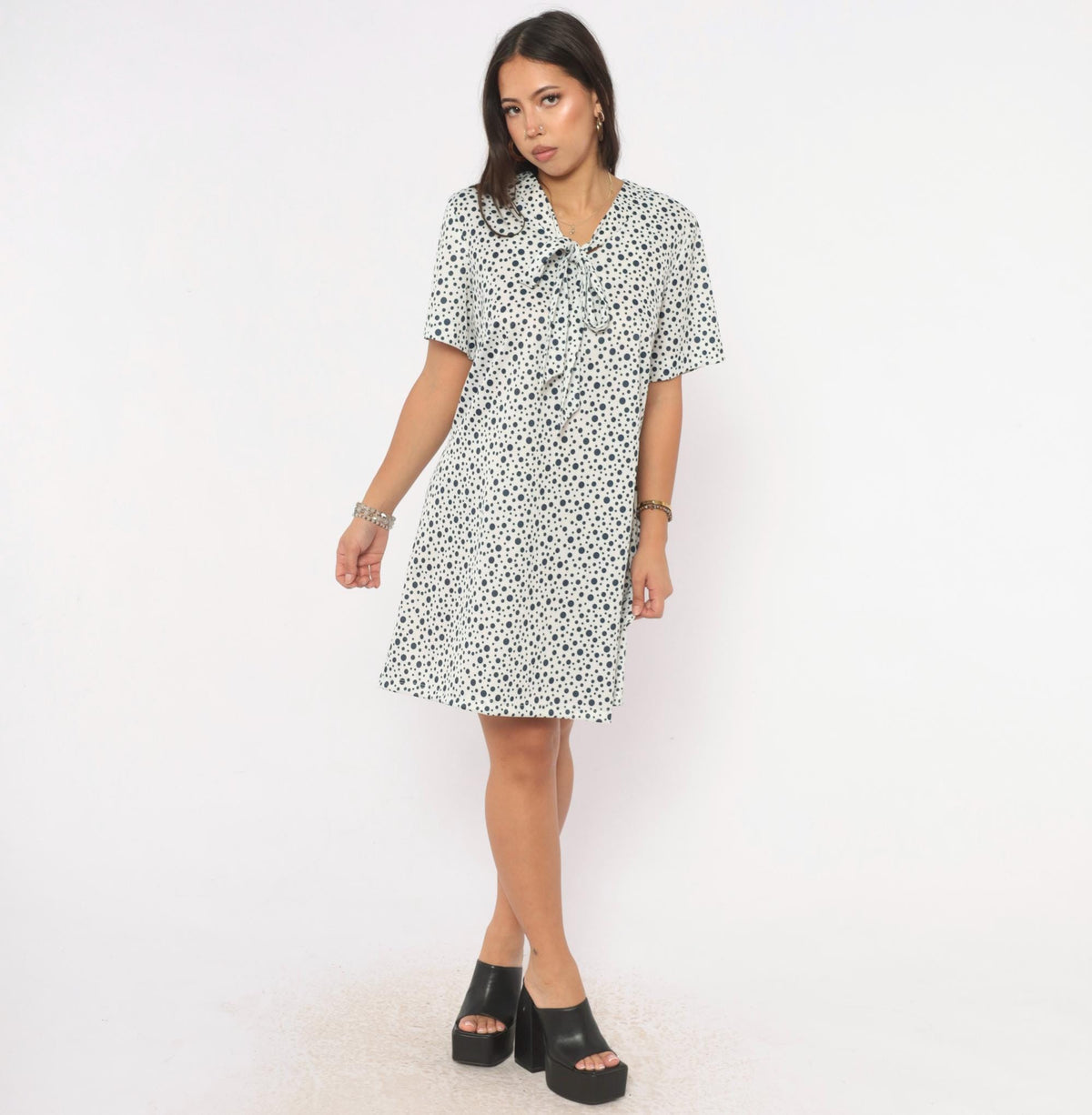 70s Lady Laura Navy White Polka Dot Shift Dress Tie Front Knee Length Extra Large