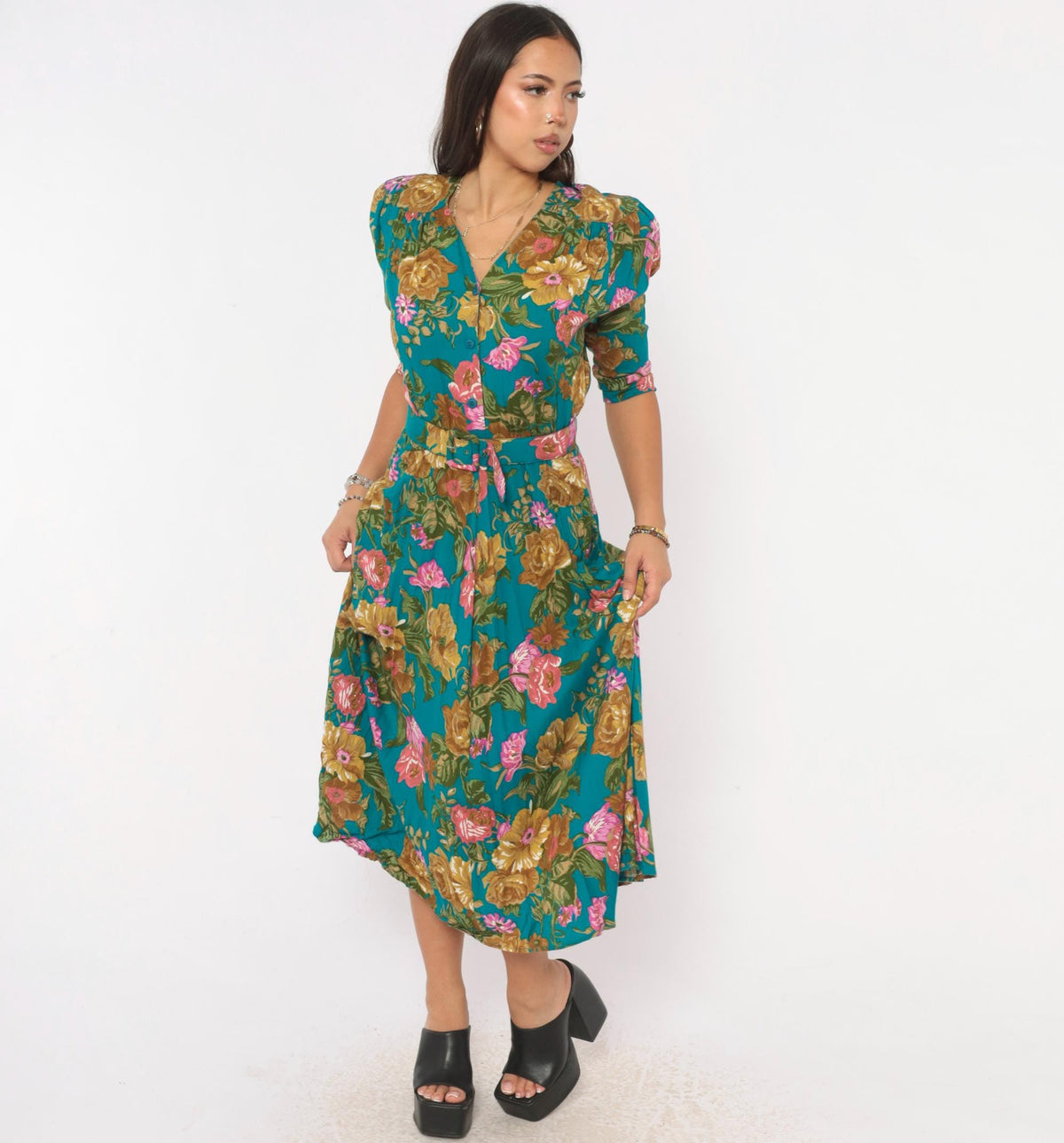 90s Carol Anderson Teal Floral Midi Dress Puff Sleeve Button Front Small S