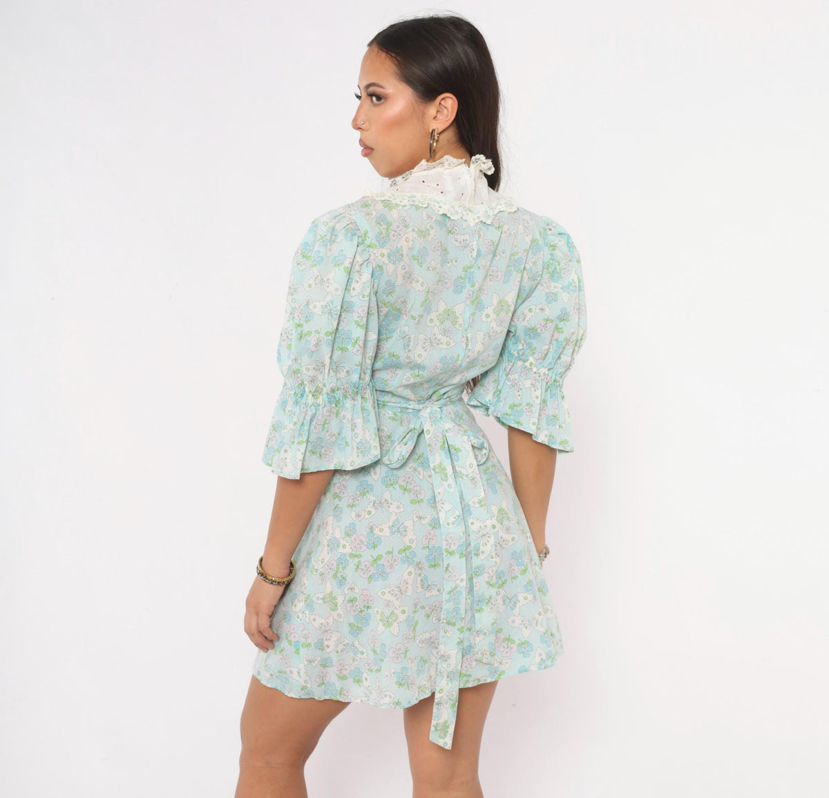 70s Light Blue Butterfly Print Cotton Dress Puff Sleeve Eyelet Lace Yoke Small