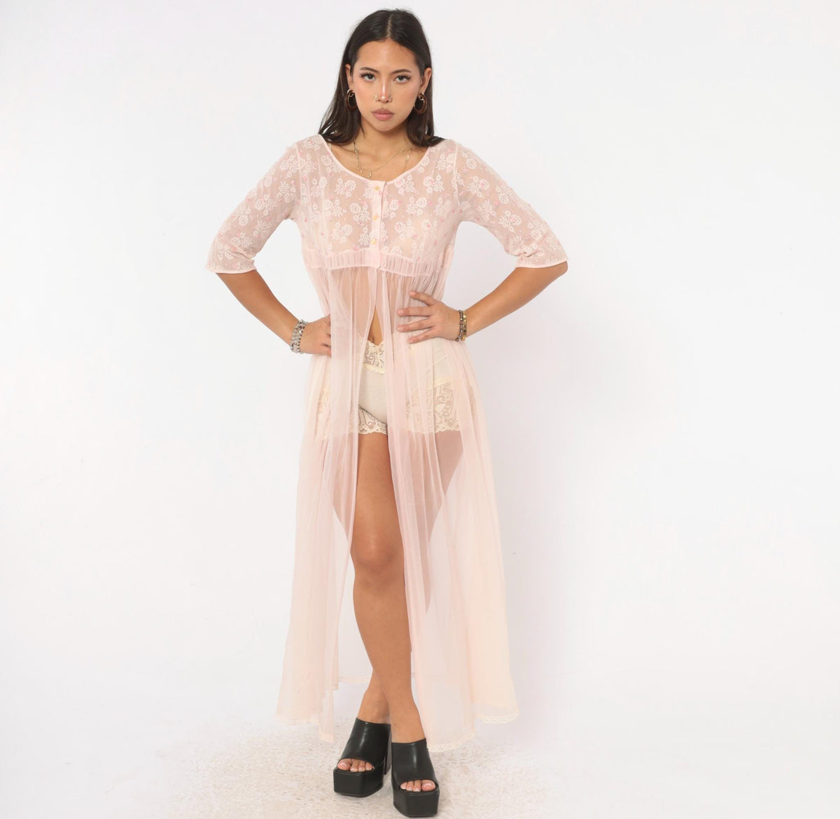 70s Miss Elaine Pink Sheer Peignoir Maxi Robe Lace Embroidered Extra Small