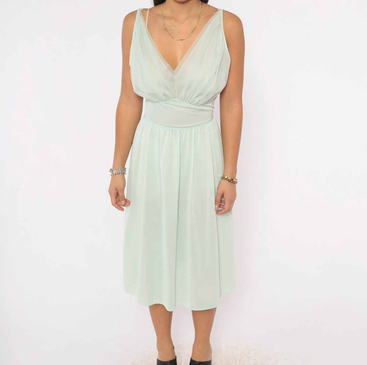 70s Vanity Fair Seafoam Nightgown Deep V Sheer Slip Dress Large L