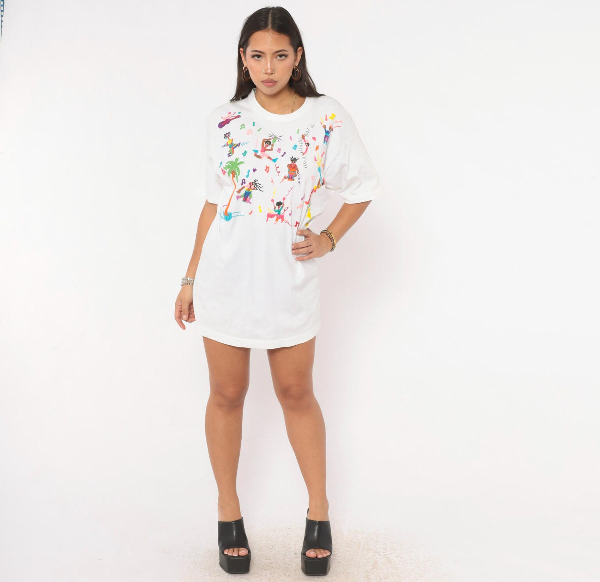 90s Swan Swan & Design Embroidered Tee White Cotton Musicians Palm Tree Large L