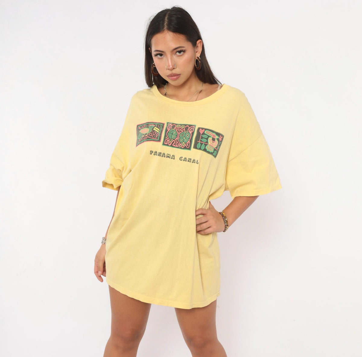 90s Panama Canal Souvenir Tee Yellow Cotton Toucan Turtle Bird Graphic Extra Large