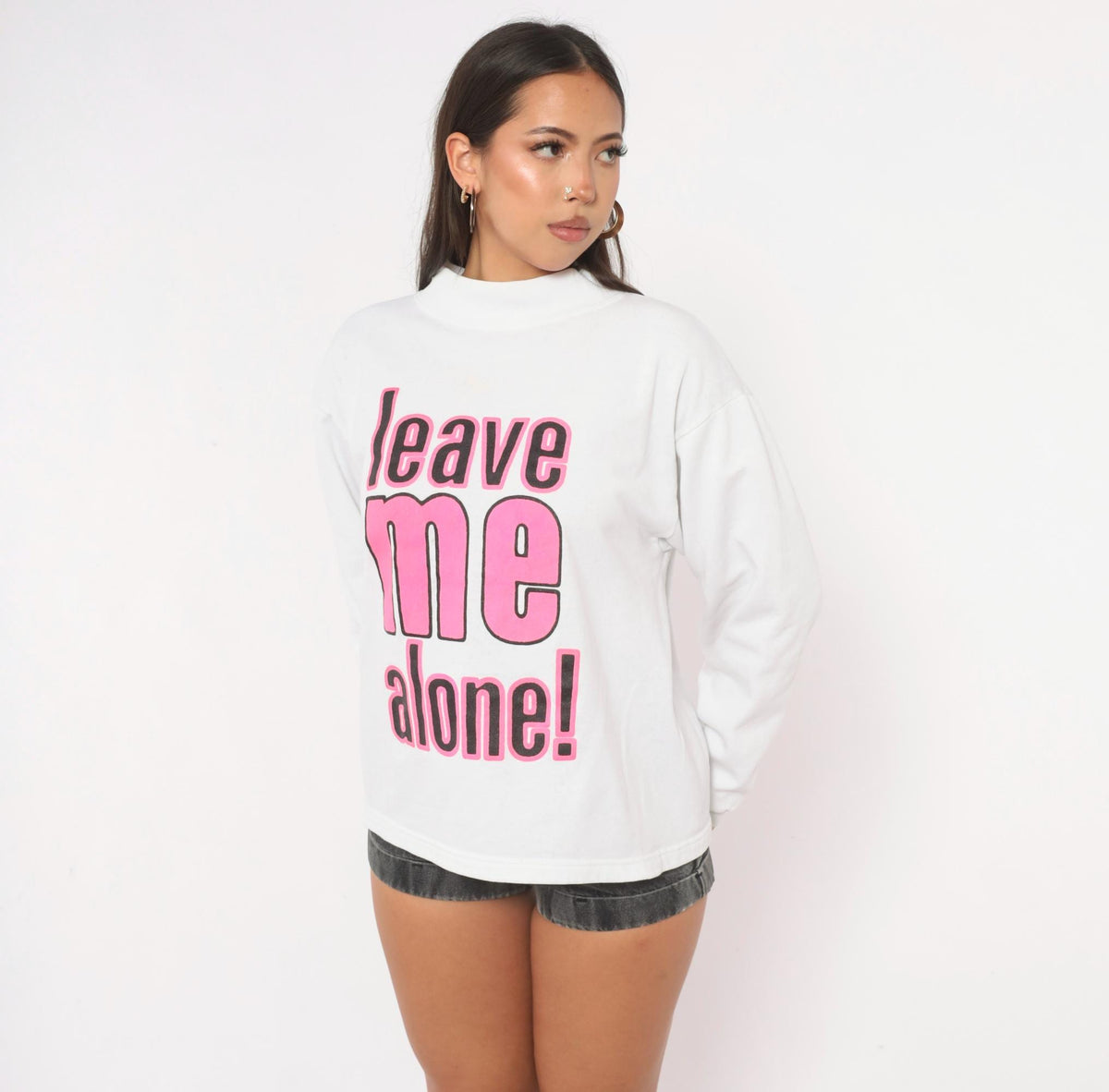 90s T-Best Leave Me Alone Sweatshirt White Pink Black Slogan Medium